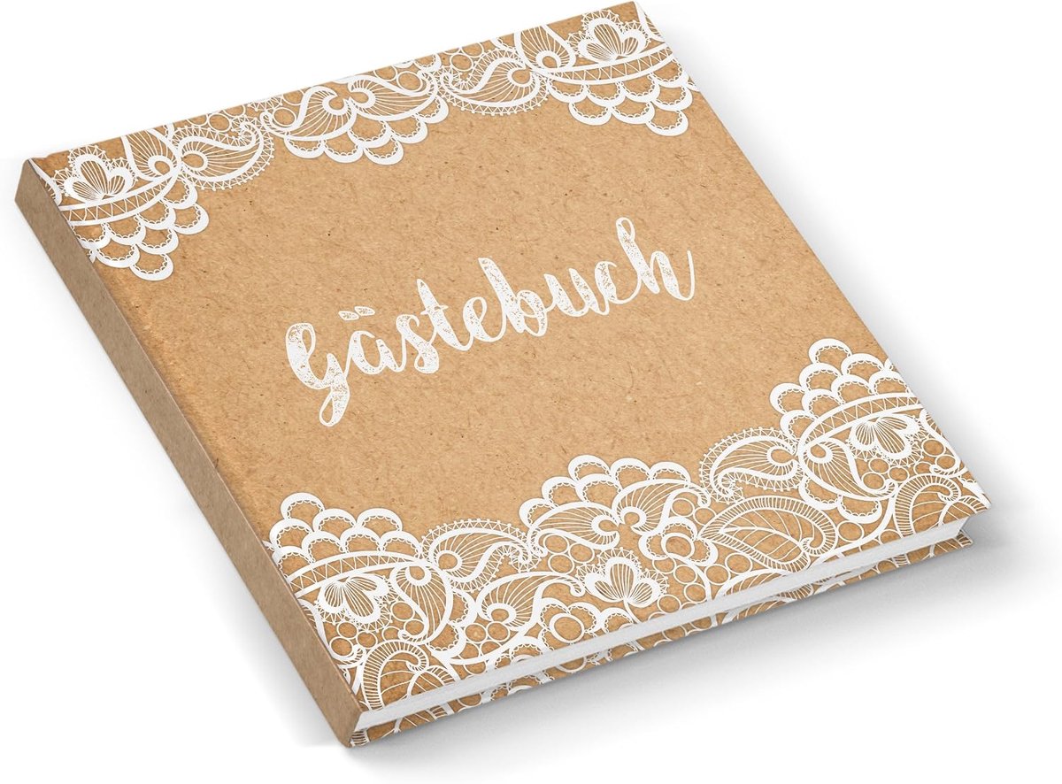 Gastenboek kraftpapier bruin wit bruiloft doop communie leeg boek herinneringsboek vierkant 21 x 21 cm