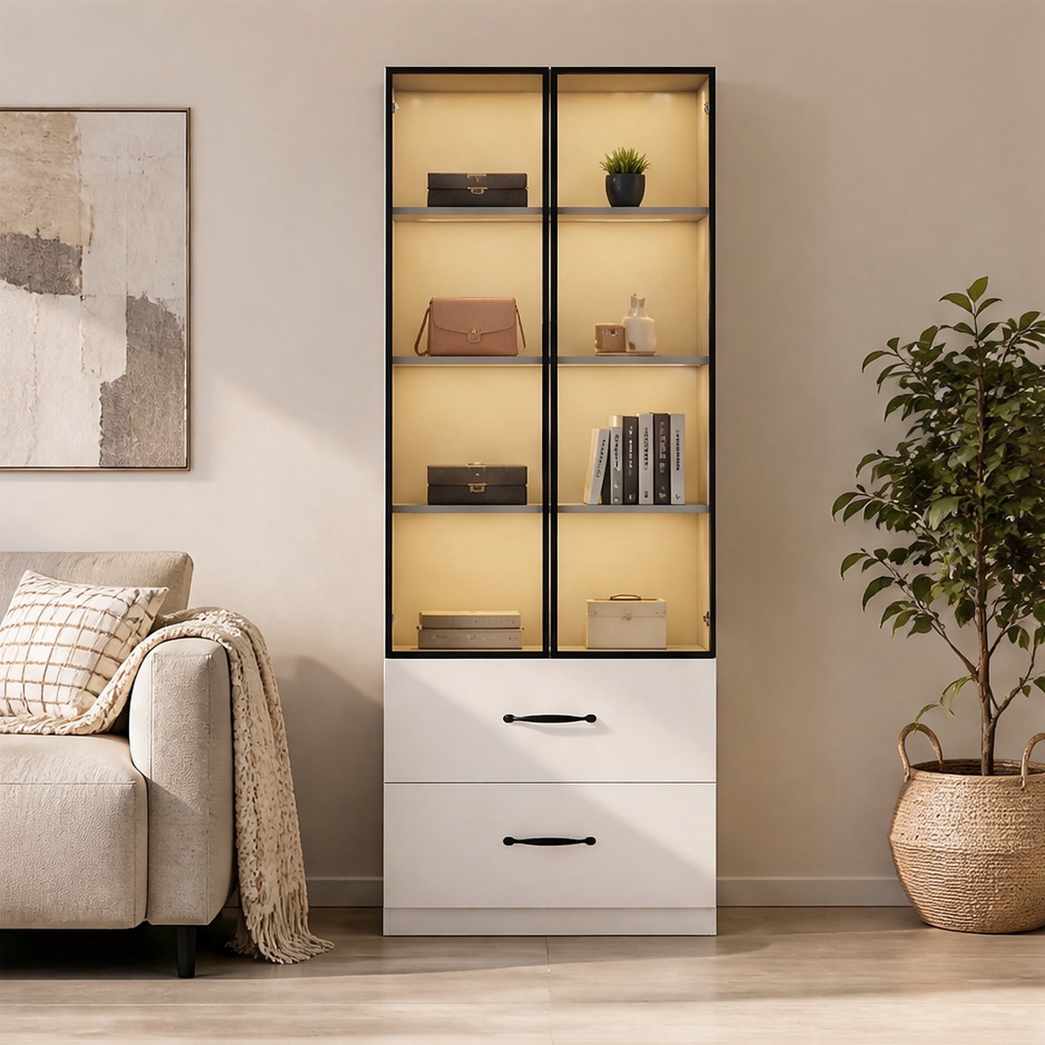 City long dragon LONG DRAGON - Vitrinekast - 160 cm wit - 2 glazen deuren van gehard glas, 2 lades en aluminium deurenframe