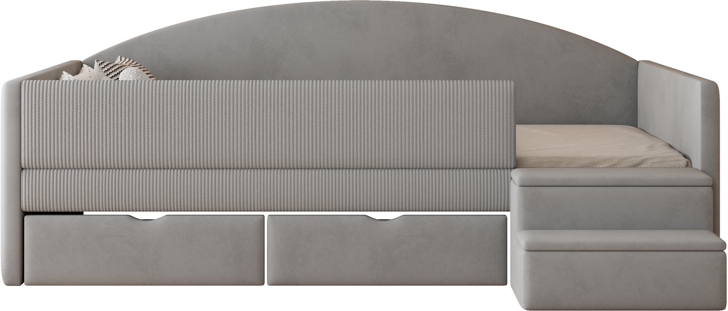 MUVANO Gestoffeerd kinderbed 90 x 190 cm - bedbank met veiligheidshekje, twee opberglades en antislip treden - fluwelen bed voor de slaapkamer, lichtgrijs