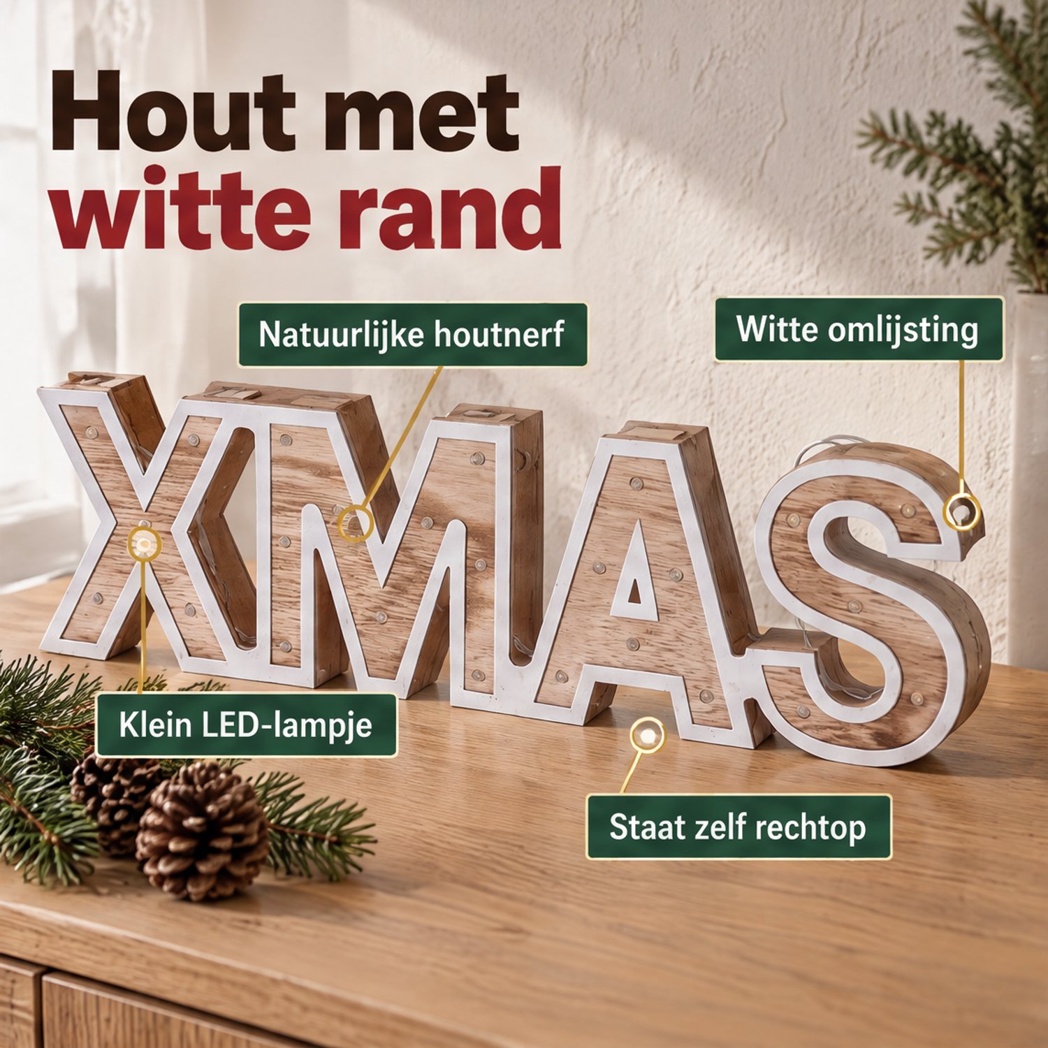 Levano Kerstversiering - Kerstdecoratie voor Binnen - LED Verlichting - Kerstlichtjes op Batterij - Vensterbank Decoratie - Houten Letters - LED Kerstverlichting - Kerstversiering Raam - Xmas Letters - Houten Kerstdecoratie - Kerstlampjes – foto 3