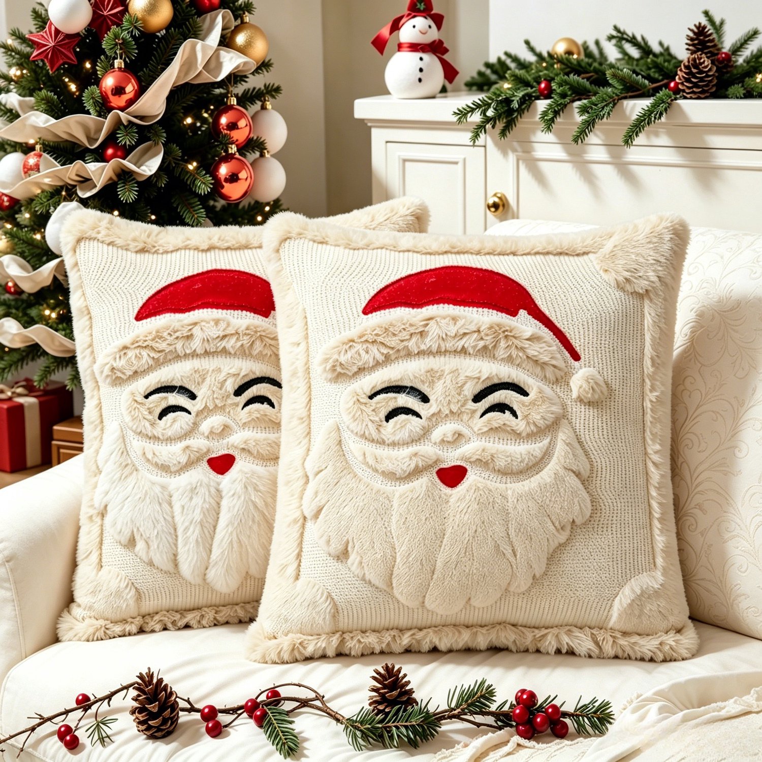 YAGXIG Kerstkussensloop - Kerstkussensloop - 45,72 x 45,72 cm - Set van 2 - Leuke Kerstman - Zacht pluche - Kussenhoes in landelijke stijl - Kerstdecoratie voor op de bank wit
