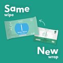 Vergelijking van oude en nieuwe Naïf billendoekjes verpakkingen met de tekst 'Same wipe, New wrap'.