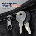 Close-up van een ritsvak in de tas met een bos sleutels eraan.