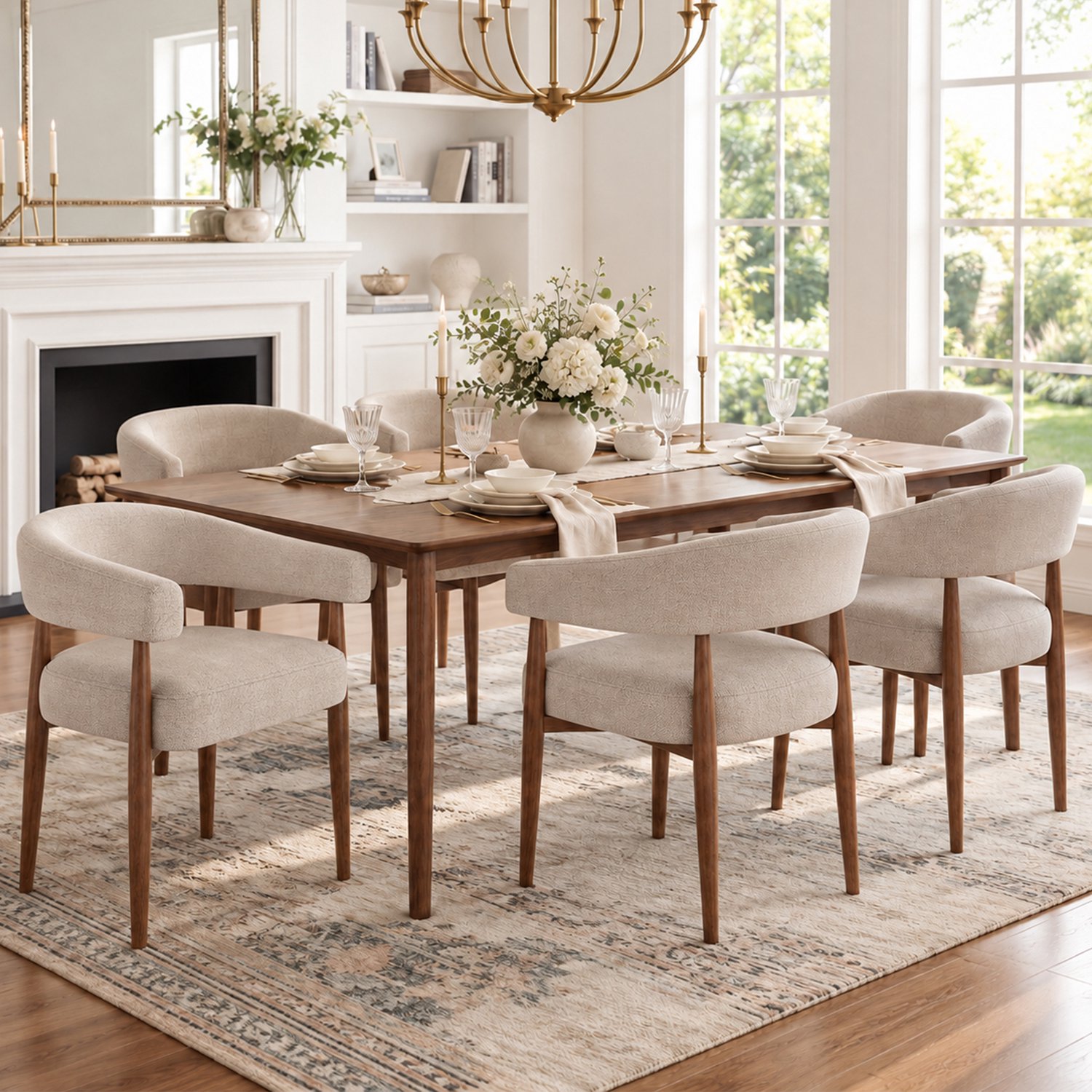 Clruro Eetkamerstoelen - 60×59×75 cm - Set van 6 - Houtlook - Chenille/Metaal - Taupe/Walnootkleur Grijs