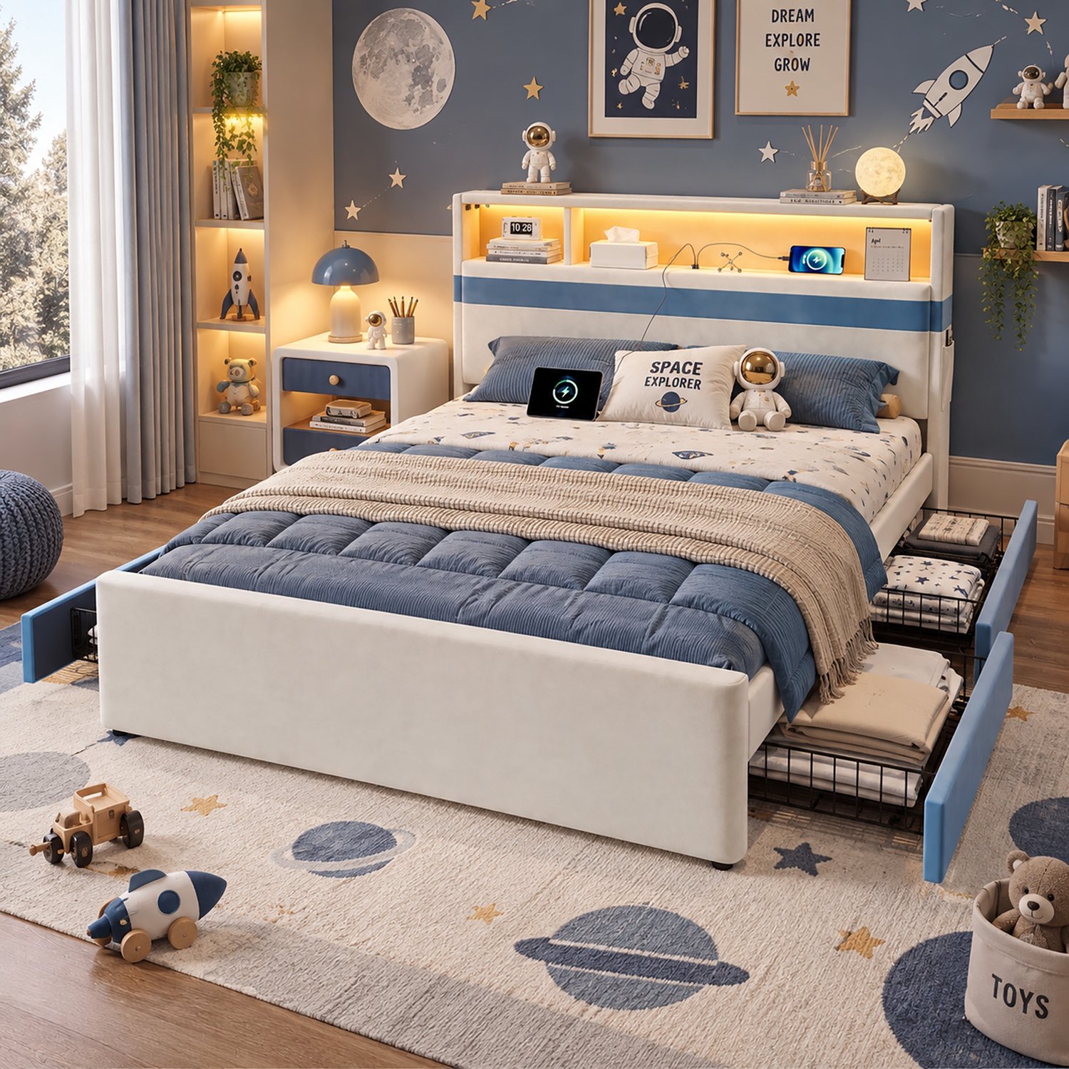 Sweiko Kinderbed - 140 x 200 cm - Tweepersoonsbed - 4 lades - LED-verlichting - Oplaadpoort - Velvet - Wit + Blauw