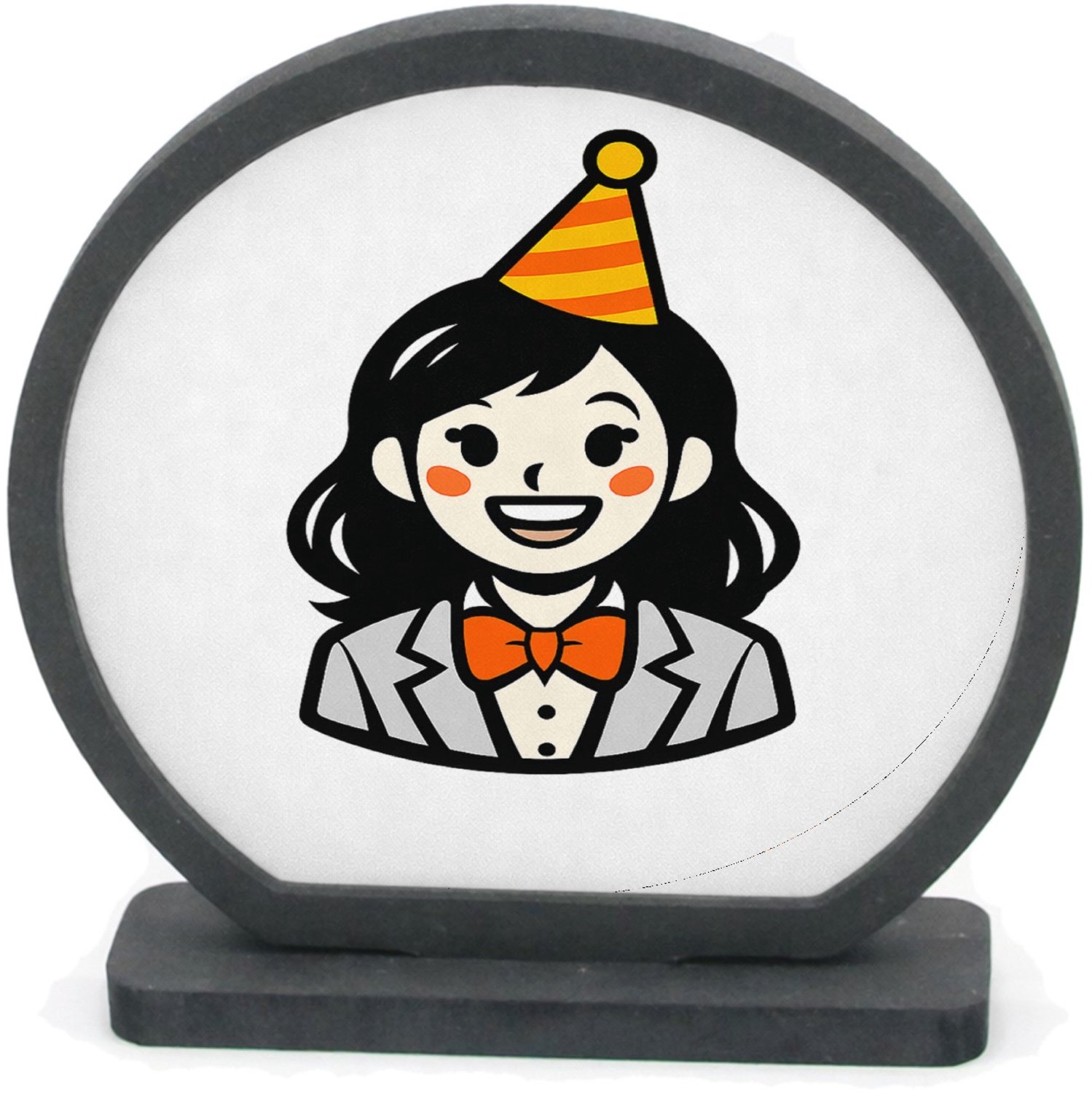 Mr Cadeautjes Houten fotolijst rond met MDF inleg - design Vrolijke, nette cartoonfiguur met feestelijke accessoire en | cadeau Wit