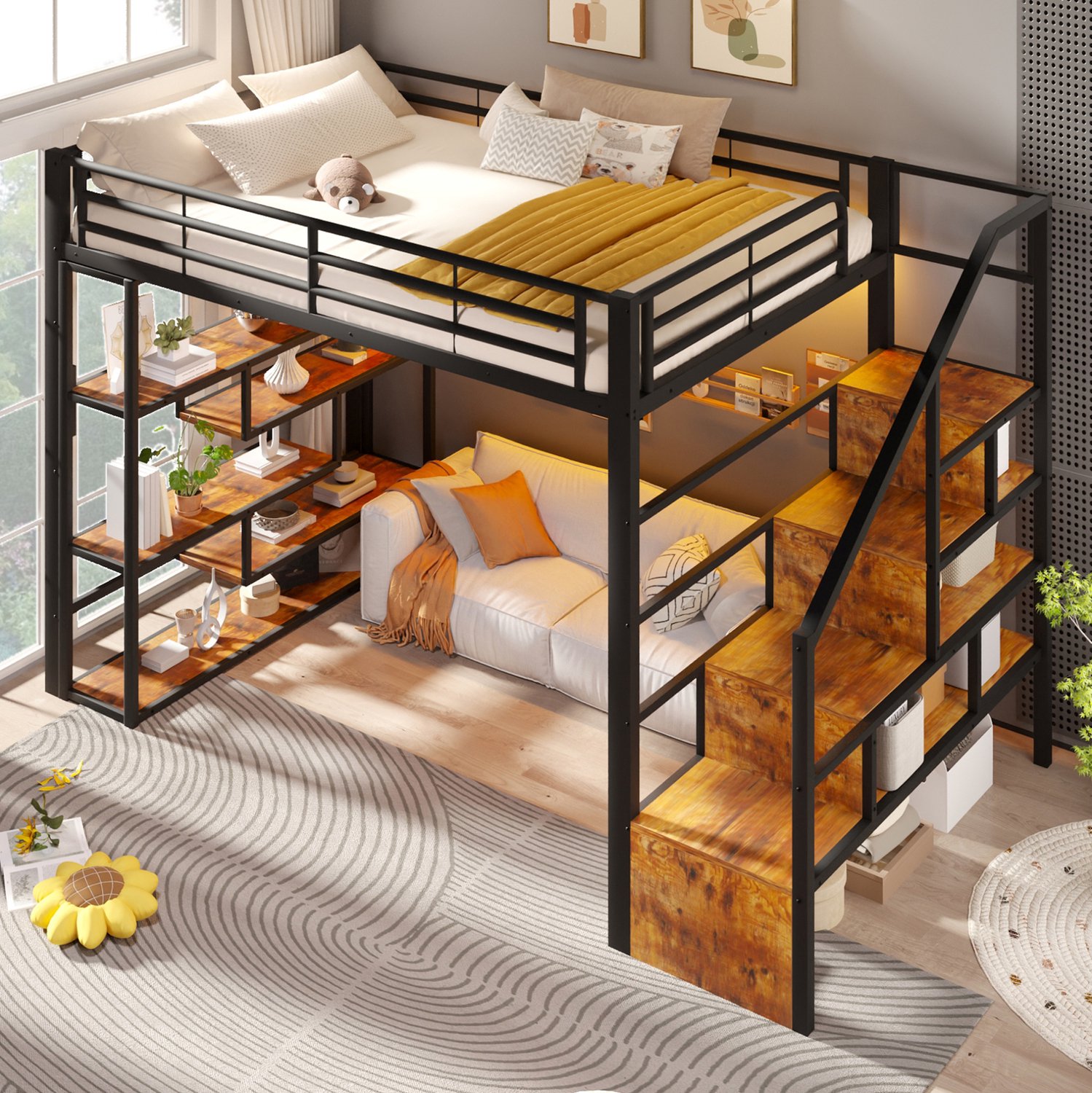 OKWISH Hoogslaper 140 x 200 cm - Met Opbergtrap en Hekwerk - Met Veelkleurige Ledverlichting - Voor Kinderen - Metaal en MDF - Zonder Matras - Zwart