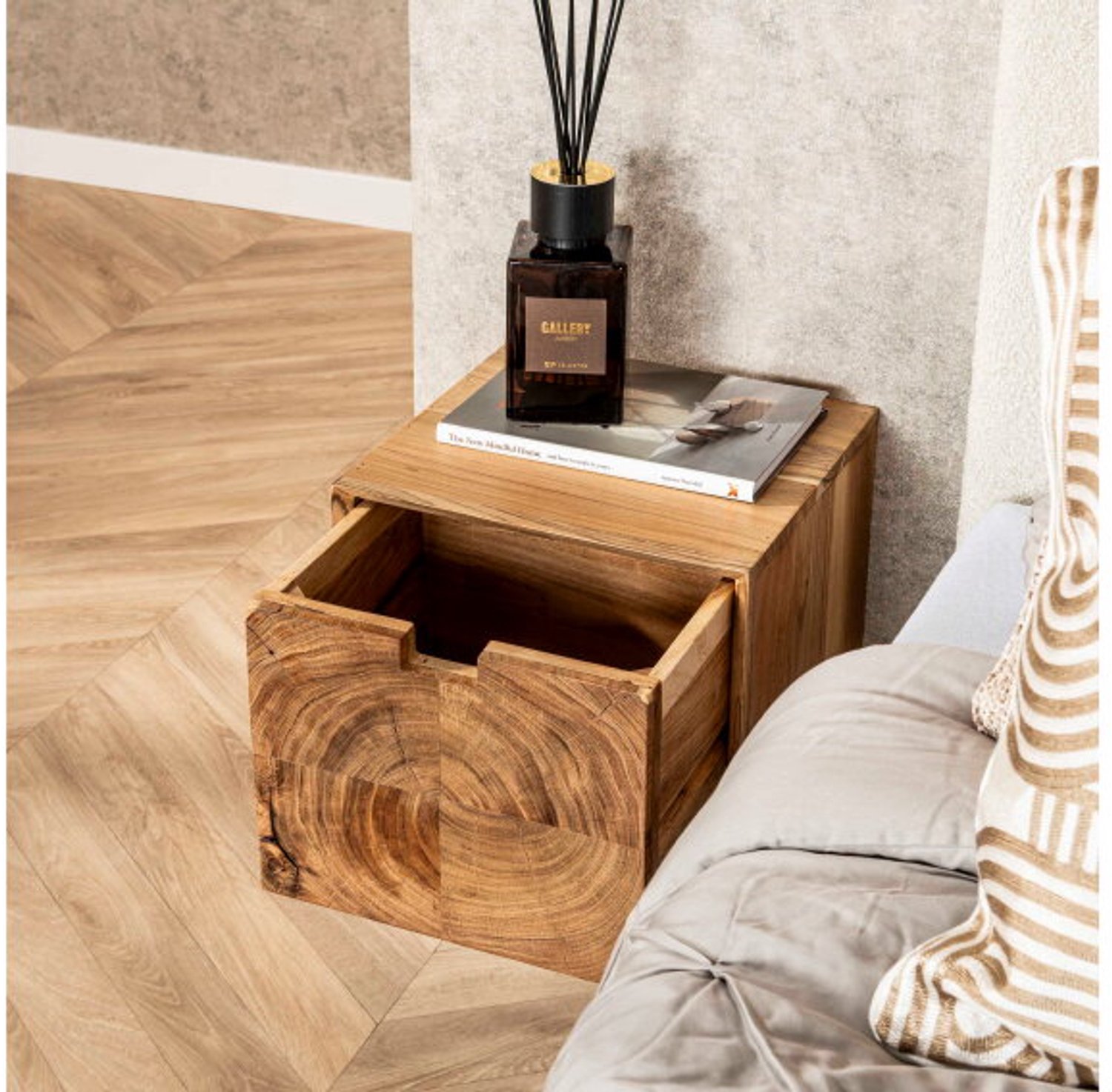 Meubelplaats Tronco - Zwevend nachtkastje - 1 lade - Acaciahout naturel - 30 cm breed - 30x29x25 cm