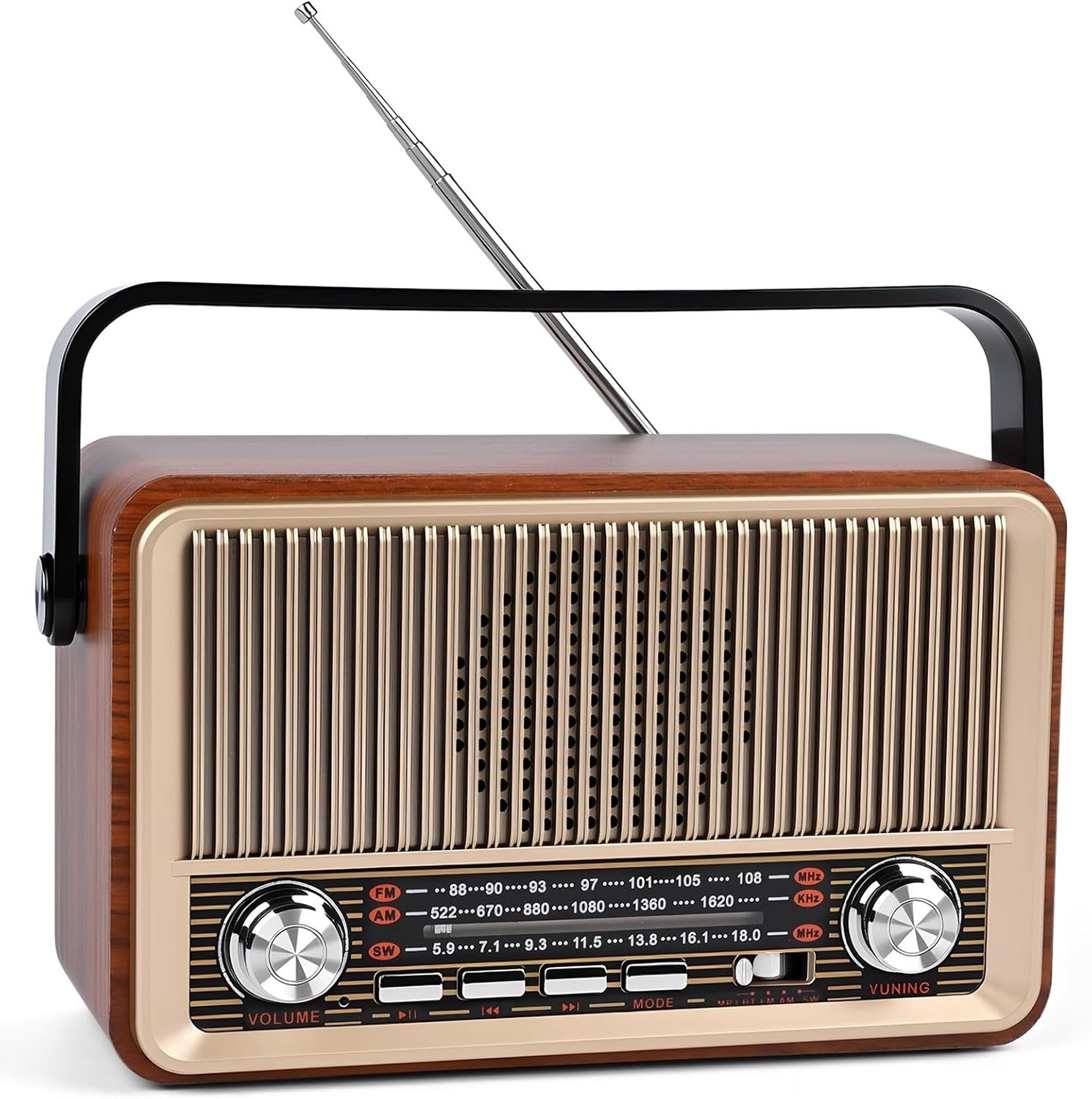 Retro Kofferradio - Houtkleur - 23 x 12,5 x 12,8 cm - Draagbare Radio met Bluetooth 5.1 - Voor Keuken, Kantoor en Thuis