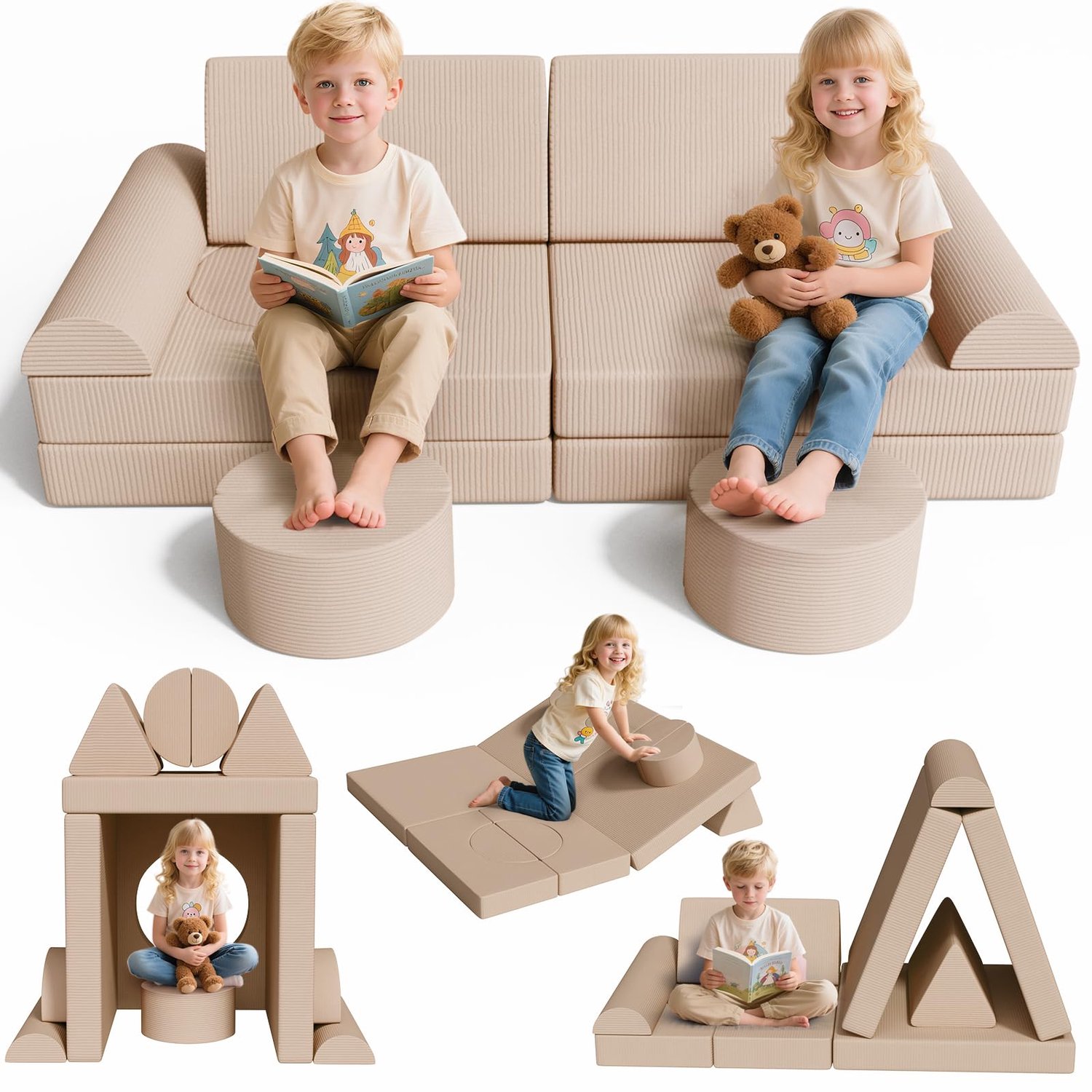 LIFERUN 15-Delige Modulaire Speelbank - Kinderbank - voor Speelkamers Slaapkamers Kinderkamers Kinderopvang - Beige