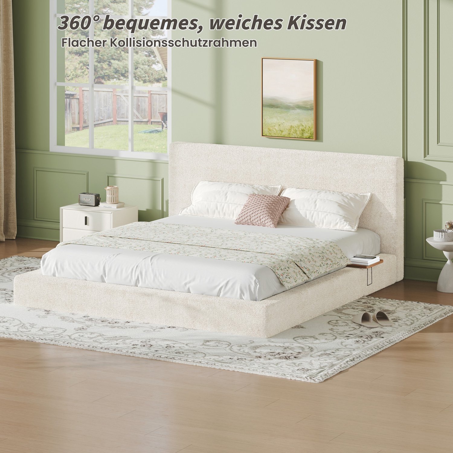 PHOEBE CAT Tweepersoonsbed - 180 x 200 cm - Met verstelbaar uitschuifbaar tafelblad - Extra dikke schuimvulling - Crèmewit