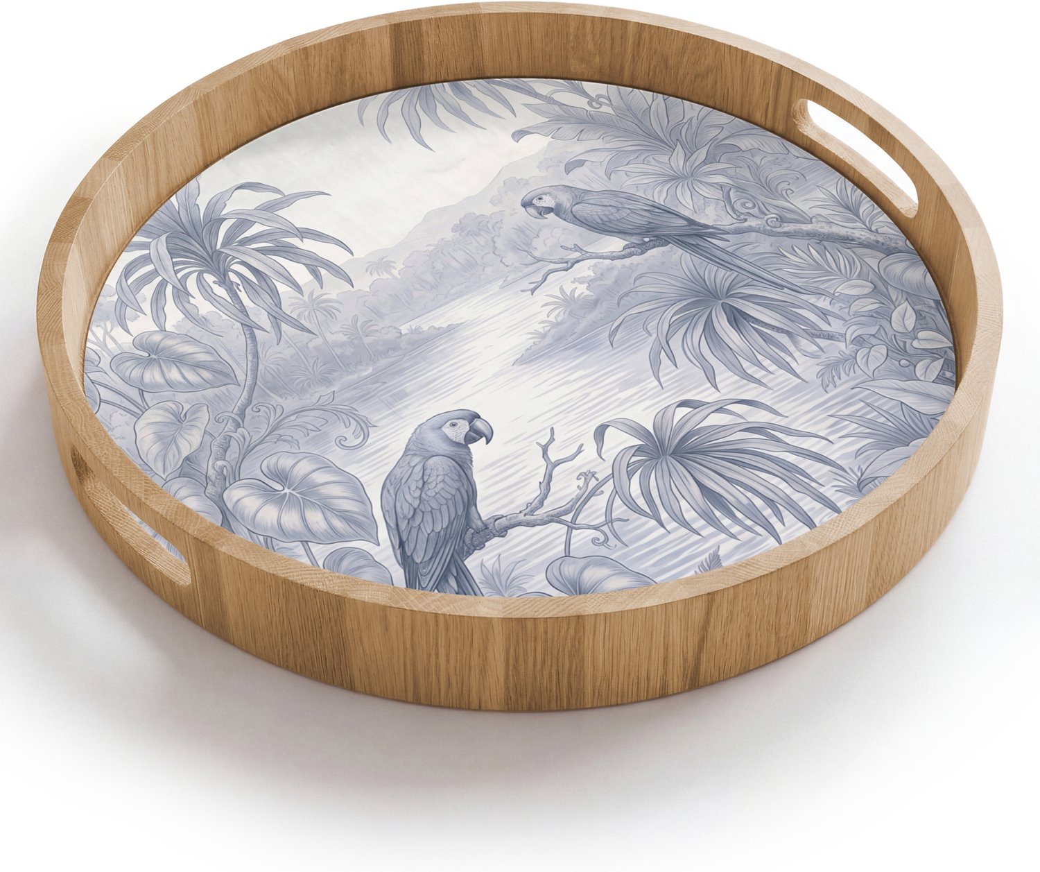 Dienblad rond 40x40 cm - Schootdienblad hout - Vogel - Rivier - Tropisch - Illustratie - Blauw - Borrelplank rechthoek - Plateau houten dienbladen