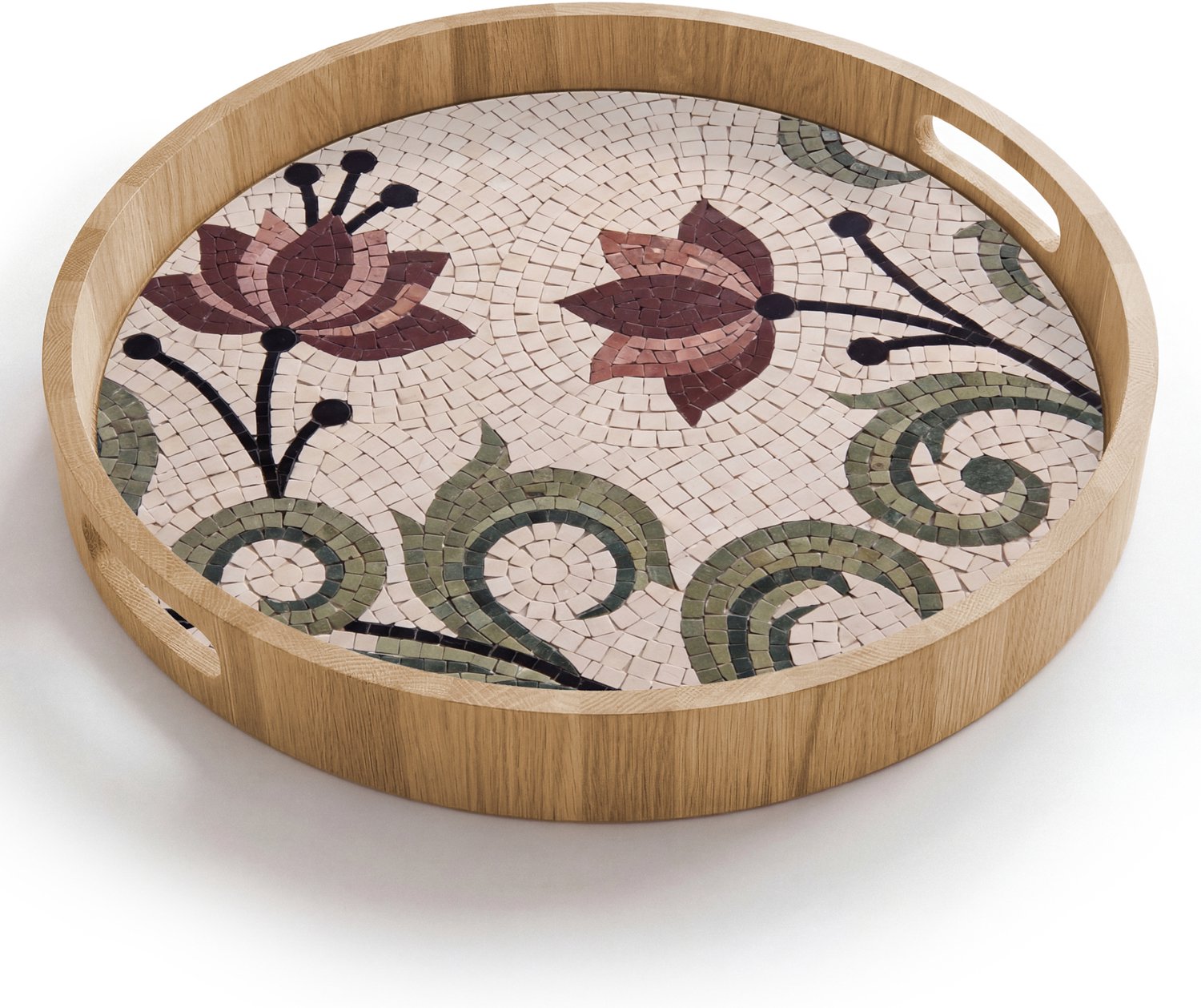Dienblad rond 40x40 cm - Schootdienblad hout - Bloemen - Mozaïek - Patroon - Abstract - Groen - Borrelplank rechthoek - Plateau houten dienbladen