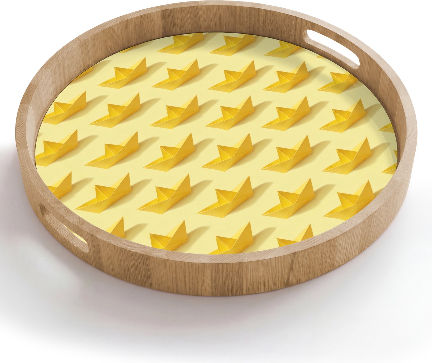 Dienblad rond 50x50 cm - Schootdienblad hout - Bootjes - Origami - Creatief - Geel - Borrelplank rechthoek - Plateau houten dienbladen