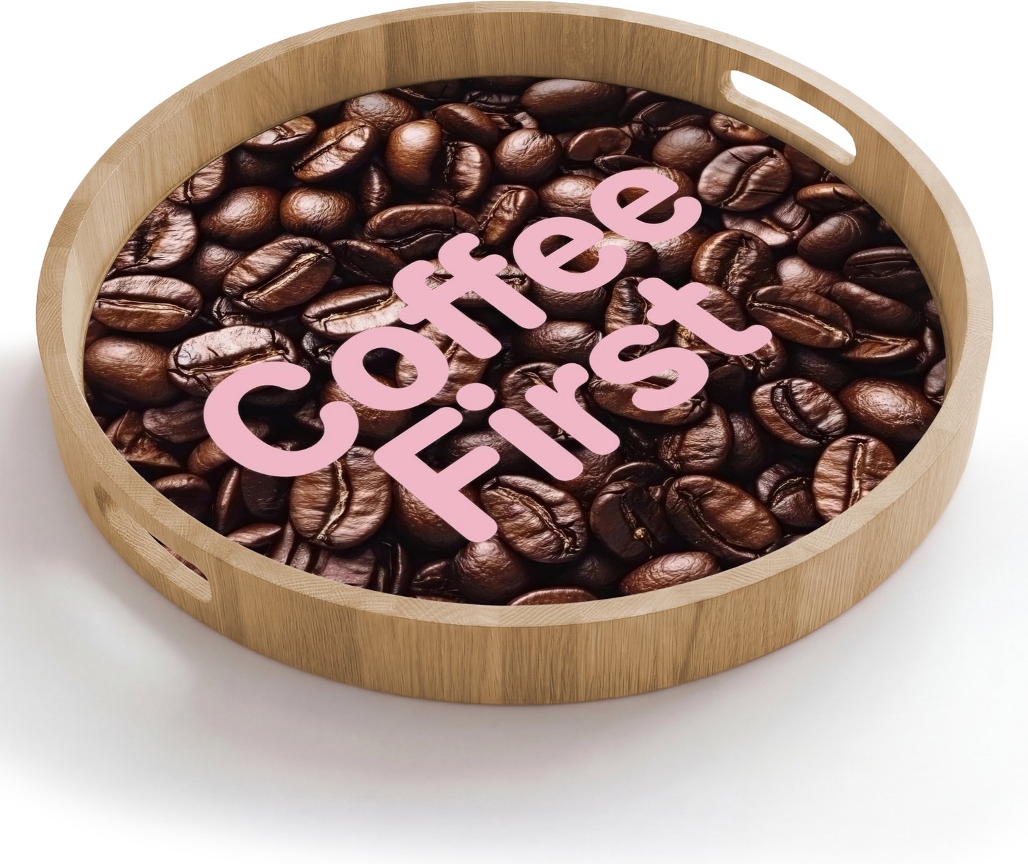 Dienblad rond 50x50 cm - Schootdienblad hout - Coffee First - Koffiebonen - Roze - Borrelplank rechthoek - Plateau houten dienbladen