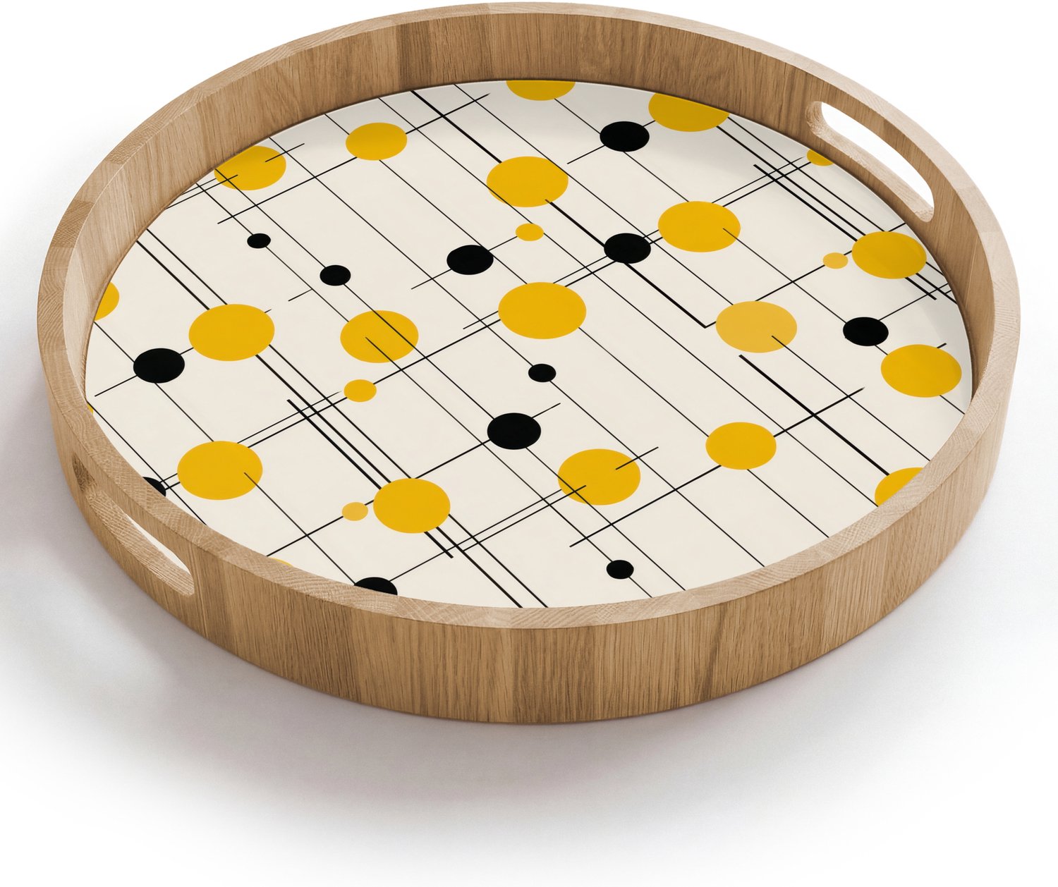 Dienblad rond 40x40 cm - Schootdienblad hout - Geometrisch - Retro - Lijnen - Okergeel - Zwart - Borrelplank rechthoek - Plateau houten dienbladen