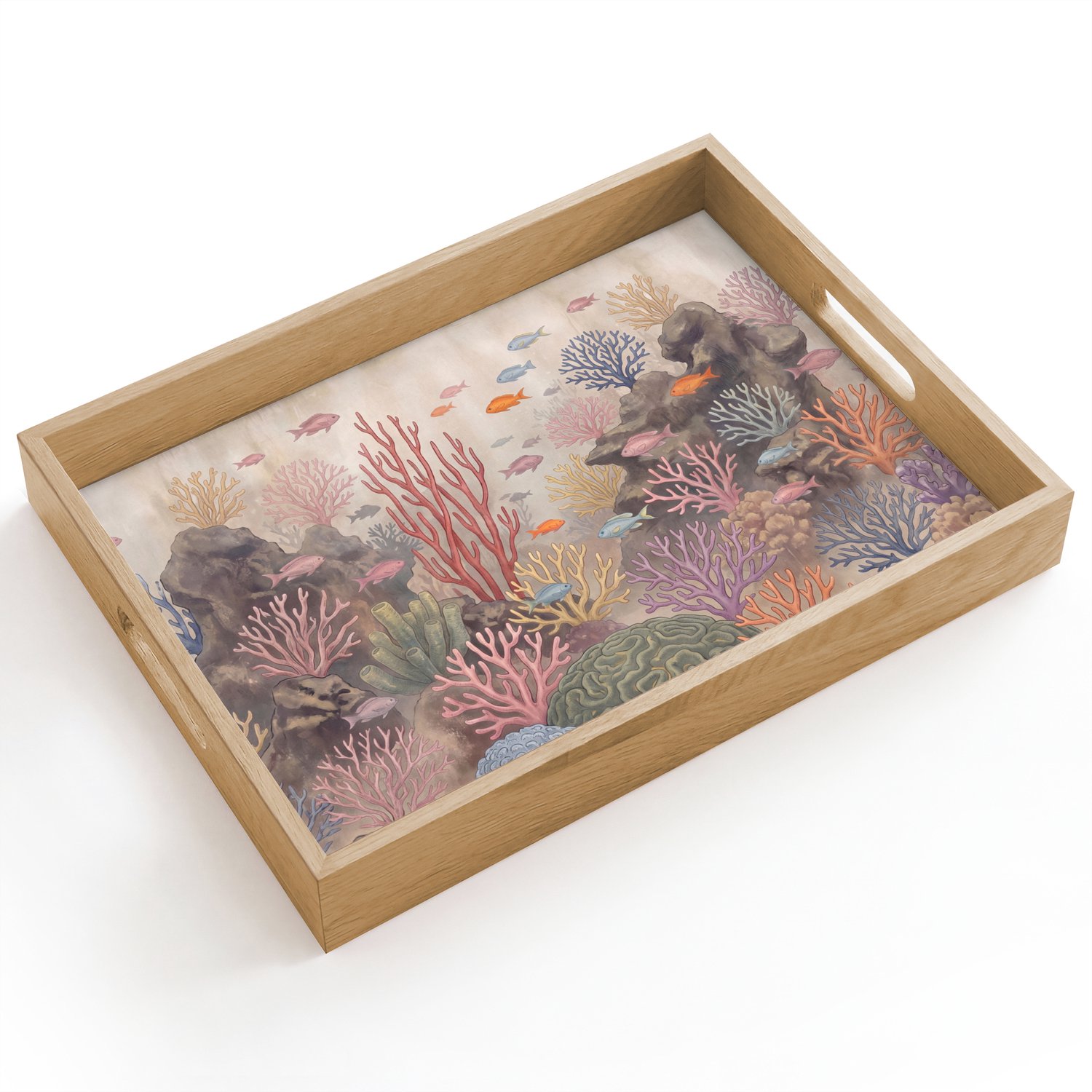 Dienblad hout 40x30 cm - Schootdienblad - Vis - Koraalrif - Onderwaterwereld - Illustratie - Borrelplank rechthoek - Plateau dienbladen