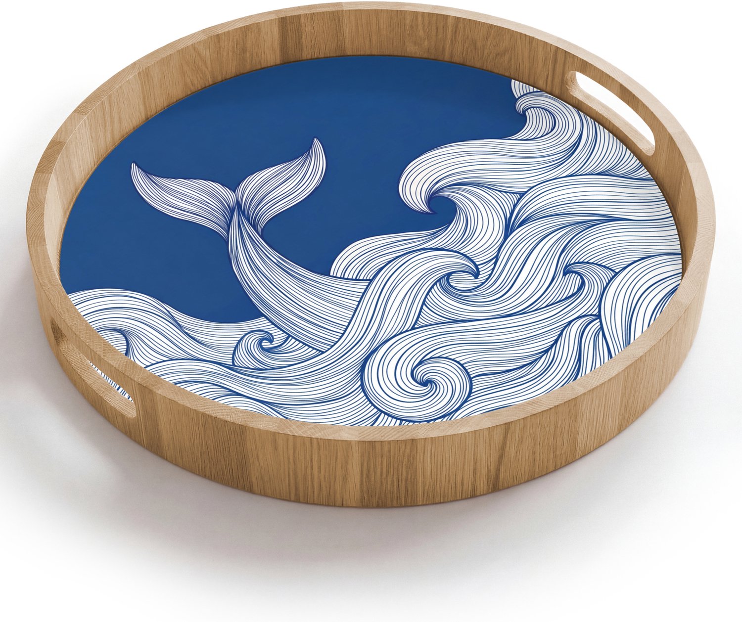 Dienblad rond 40x40 cm - Schootdienblad hout - Walvis - Staart - Golven - Lijntekening - Blauw - Borrelplank rechthoek - Plateau houten dienbladen