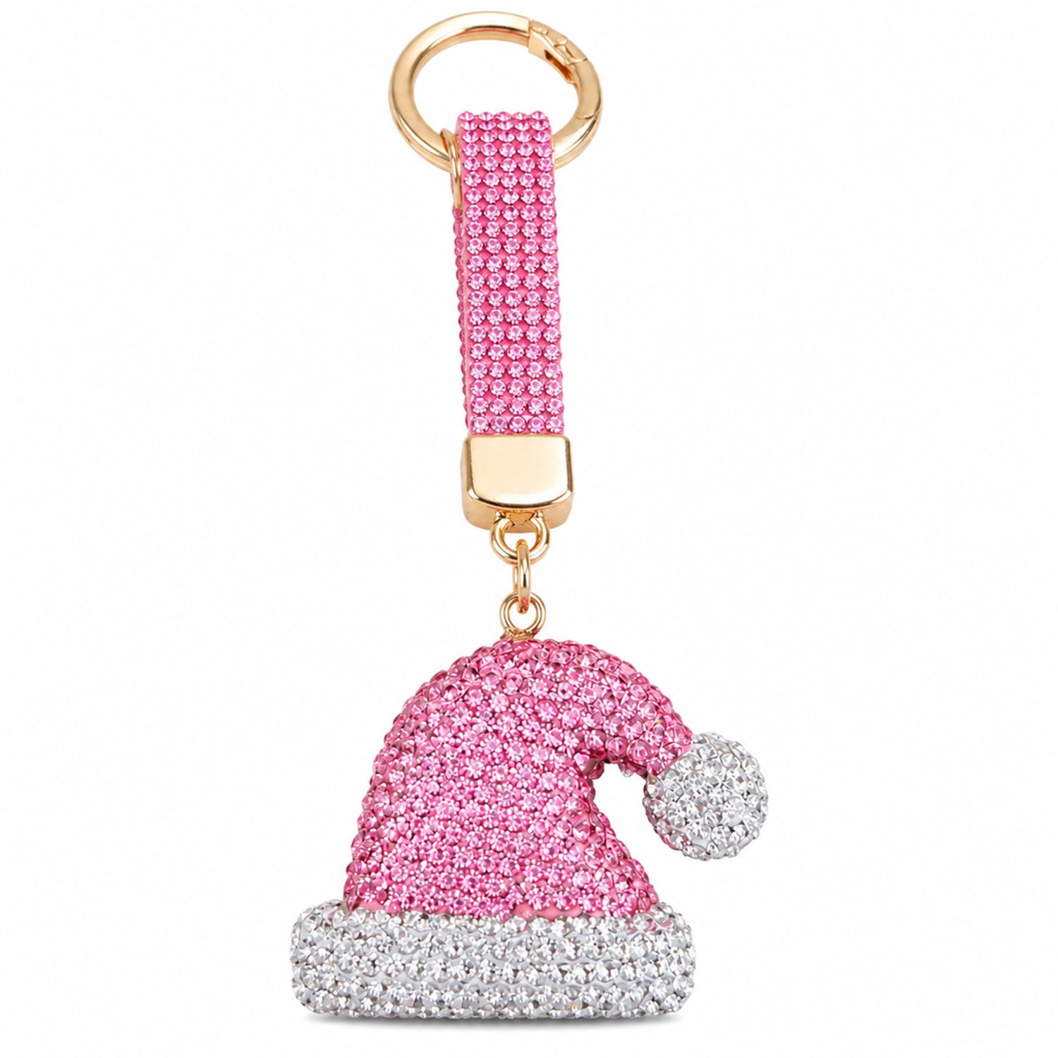 Sleutelhanger met roze kerstmuts en strass, bijpassende lus en goudkleurige sluiting, individueel verpakt