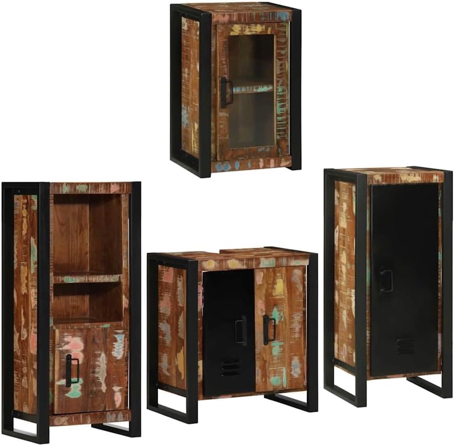 Badkamermeubelset 4 stuks veelkleurig massief oud hout met metalen frame en