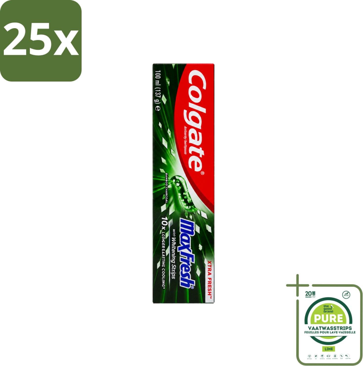 25 x Colgate – Tandpasta – MaxFresh Whitening Bamboo Charcoal – 100 ml - Grootverpakking - Vaatwasstrips - Tandpasta - Witter Maken - Frisse Adem - Bamboe-houtskool - Mondgezondheid