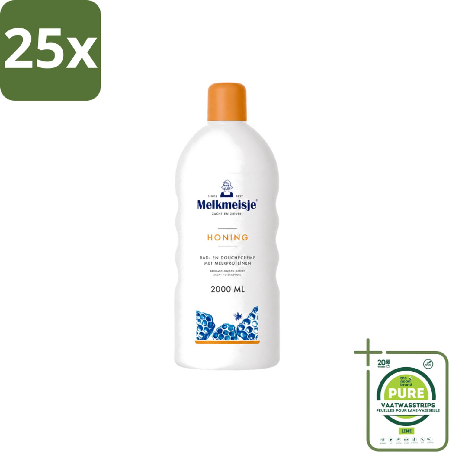 25 x Melkmeisje – Bad & Douche – Honing – 2000 ml - Grootverpakking - Vaatwasstrips - Melkmeisje Bad En Douche - Bad En Douche Crème - Melkproteïnen - Honing - Huid Verzorging