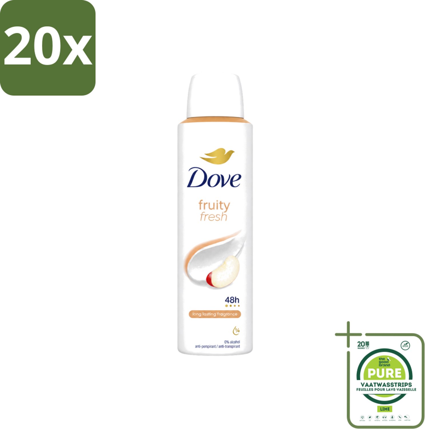 20 x Dove – Deodorant Spray – Fruity Fresh – 150 ml - Grootverpakking - Vaatwasstrips - Deodorant Spray - Fris - Fruitige Geur - Okselhuid Verzorging - Transpiratiegeur