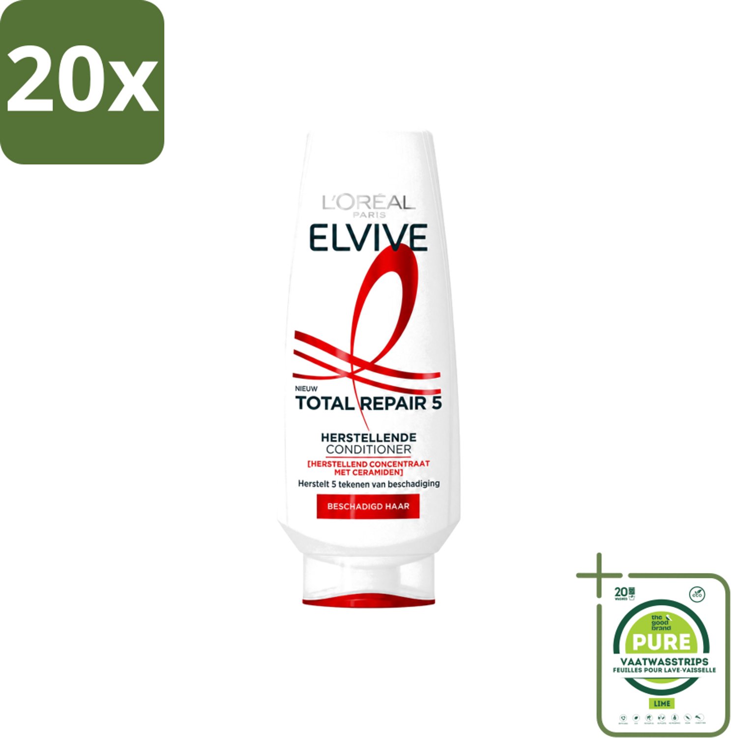 20 x L’Oréal Paris Elvive – Conditioner – Total Repair 5 – 200 ml - Grootverpakking - Vaatwasstrips - Herstel Haar - Beschadigd Haar - Ceramiden - Haar Herstellen - Haar Verzorgen