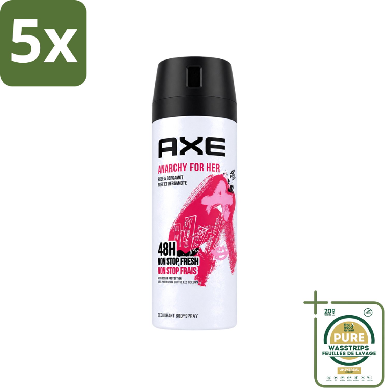 5 x Axe - Deodorant Bodyspray - 48hrs Non Stop Fresh - Anarchy For Her - Rose & Bergamot - 150 ml - Wasstrips - Anarchy For Her - Axe Deodorant - Bodyspray - 48h Fresh - Rose & Bergamot