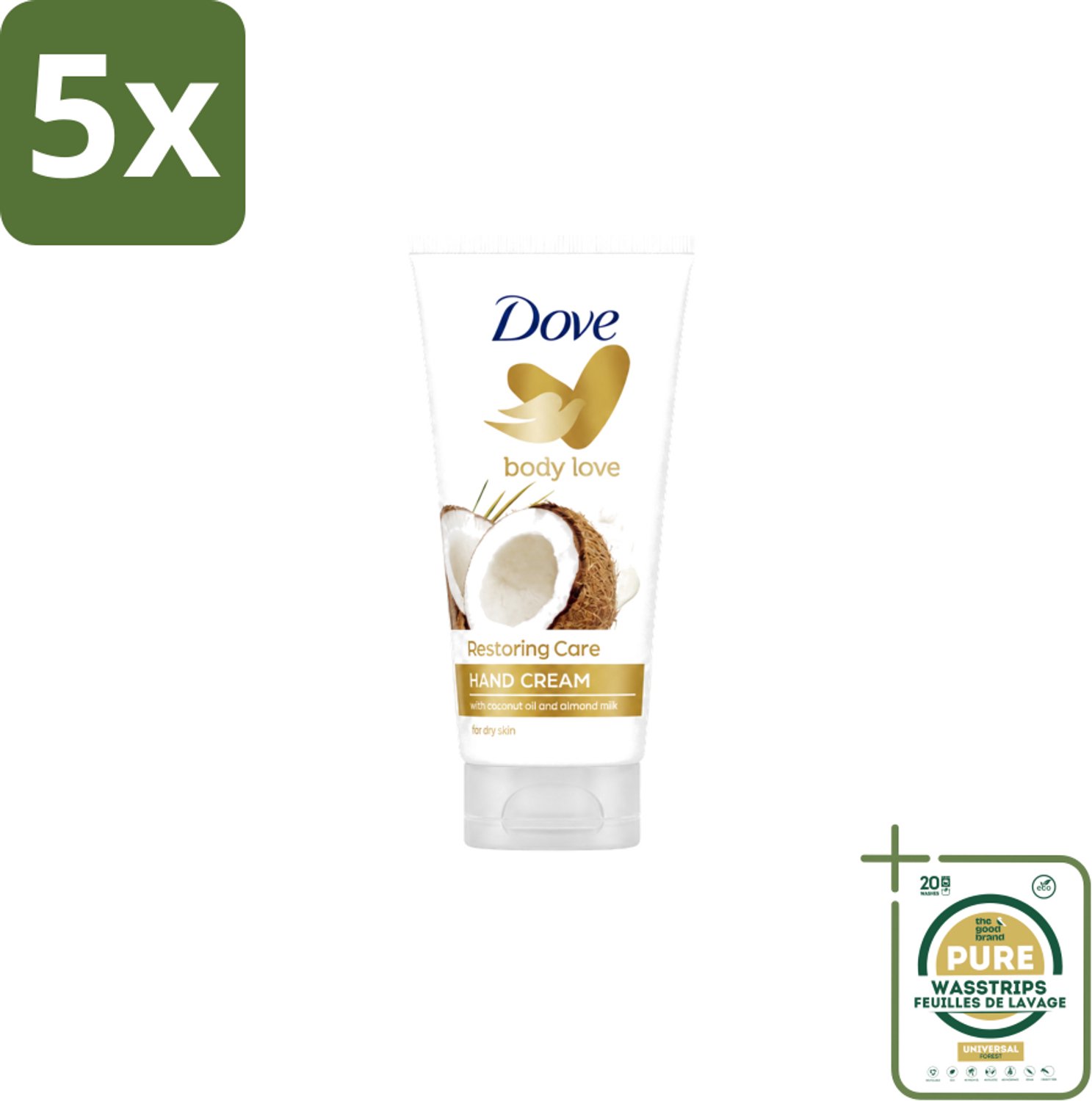 5 x Dove - Handcrème - Body Love Restoring Care - Kokos & Almond - Hydraterend - Droge huid - 75 g - Wasstrips - Handcrème - Droge Huid - Hydraterende Crème - Kokos En Amandel - Huidverzorging