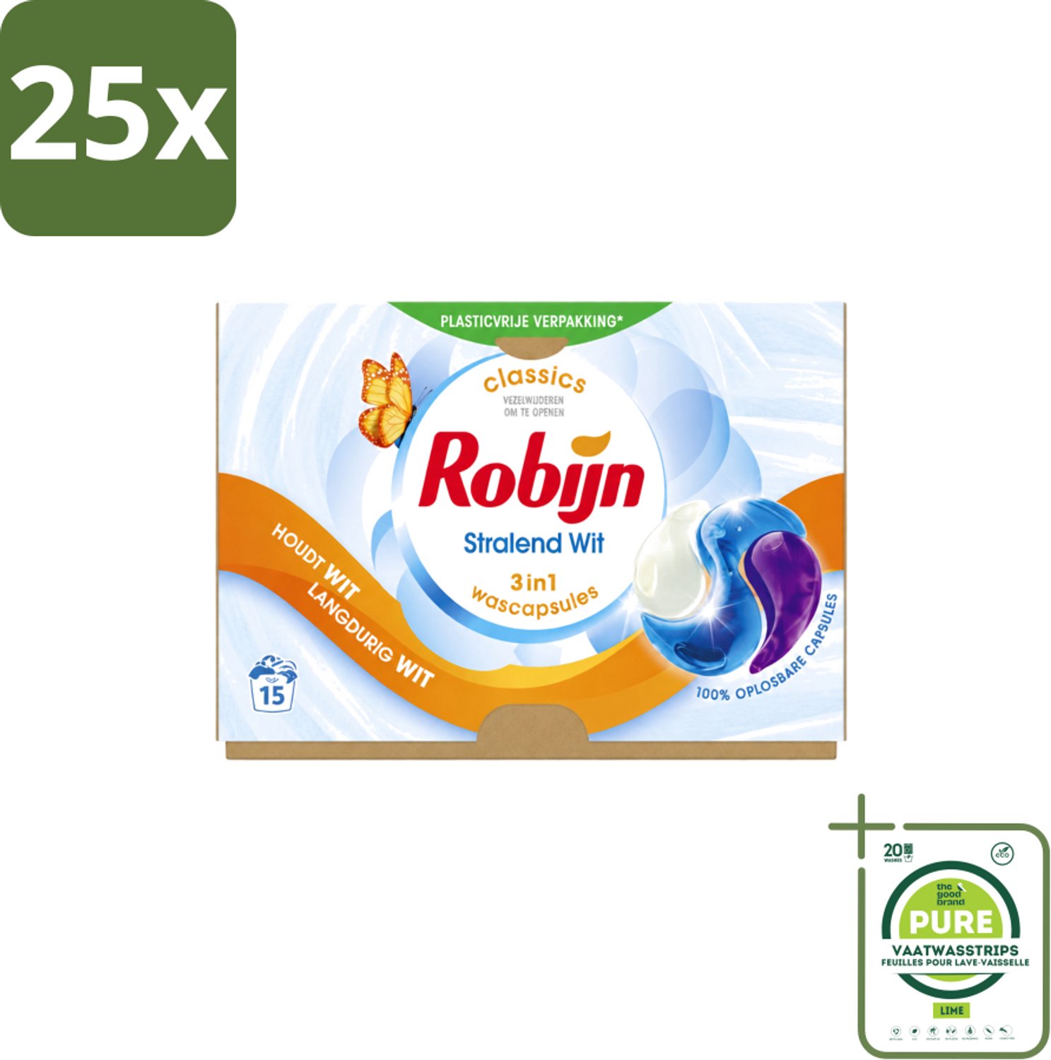 25 x Robijn – 3-in-1 Wascapsules – Stralend Wit – 15 capsules - Grootverpakking - Vaatwasstrips - Wit Was - Stralend Wit - Wascapsules - White Serum - Wasbescherming