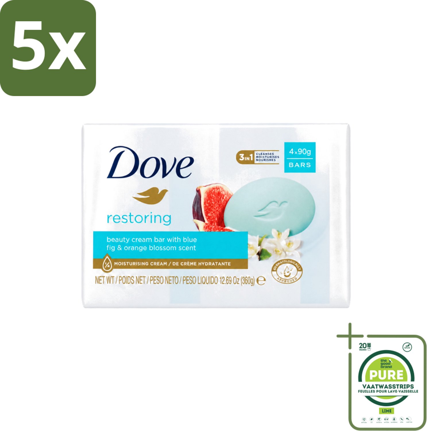 5 x Dove – Zeep – Go Fresh Restore – 4 x 90 g - Grootverpakking - Vaatwasstrips - Zeep - Handen Reinigen - Lichaam Reinigen - Frisse Geur - Mild Reinigen