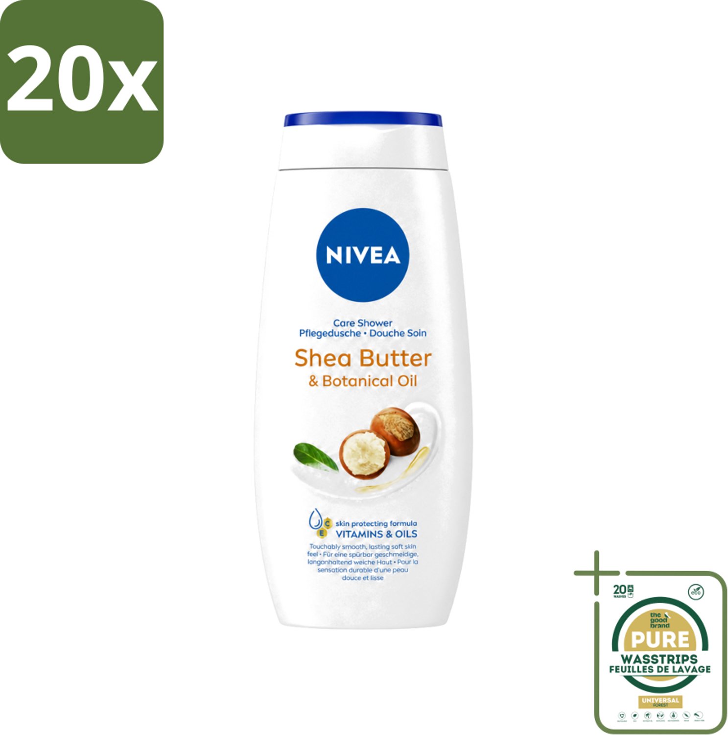 20 x Nivea - Douchegel - Shea Butter & Botanical Oil - 250 ml - Wasstrips - Douchegel - Shea Butter - Natuurlijke Olie - Huidverzorging - PH-huidneutraal