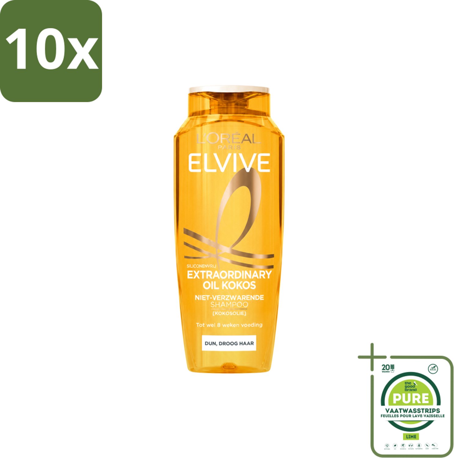 10 x L’Oréal Paris Elvive – Shampoo – Extraordinary Oil Kokos – Dun & Droog Haar – 250 ml - Grootverpakking - Vaatwasstrips - Fijne Kokosolie - Voeding Zonder Verzwaren - Zachte Kokosgeur - Natuurlijke Glans - Droog Haar