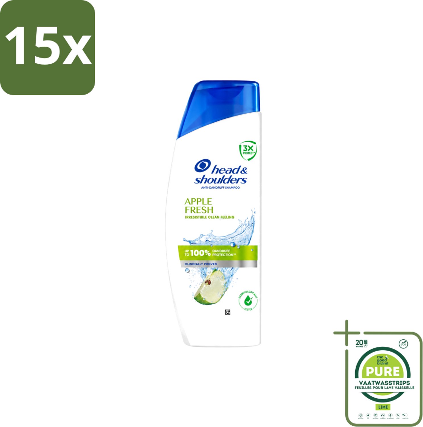 15 x Head & Shoulders - Shampoo - Apple Fresh - 250ml - Grootverpakking - Vaatwasstrips - Roosvrij Haar - Fris Haar - Appelgeur - Hoofdhuid Verzorging - Anti-roos Shampoo