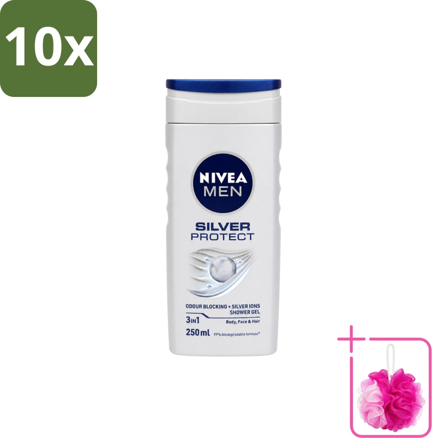10 x Nivea Men – Douchegel – Silver Protect – 250 ml - Bulkverpakking - Douchegel mannen - Douchemop - Zilverionen