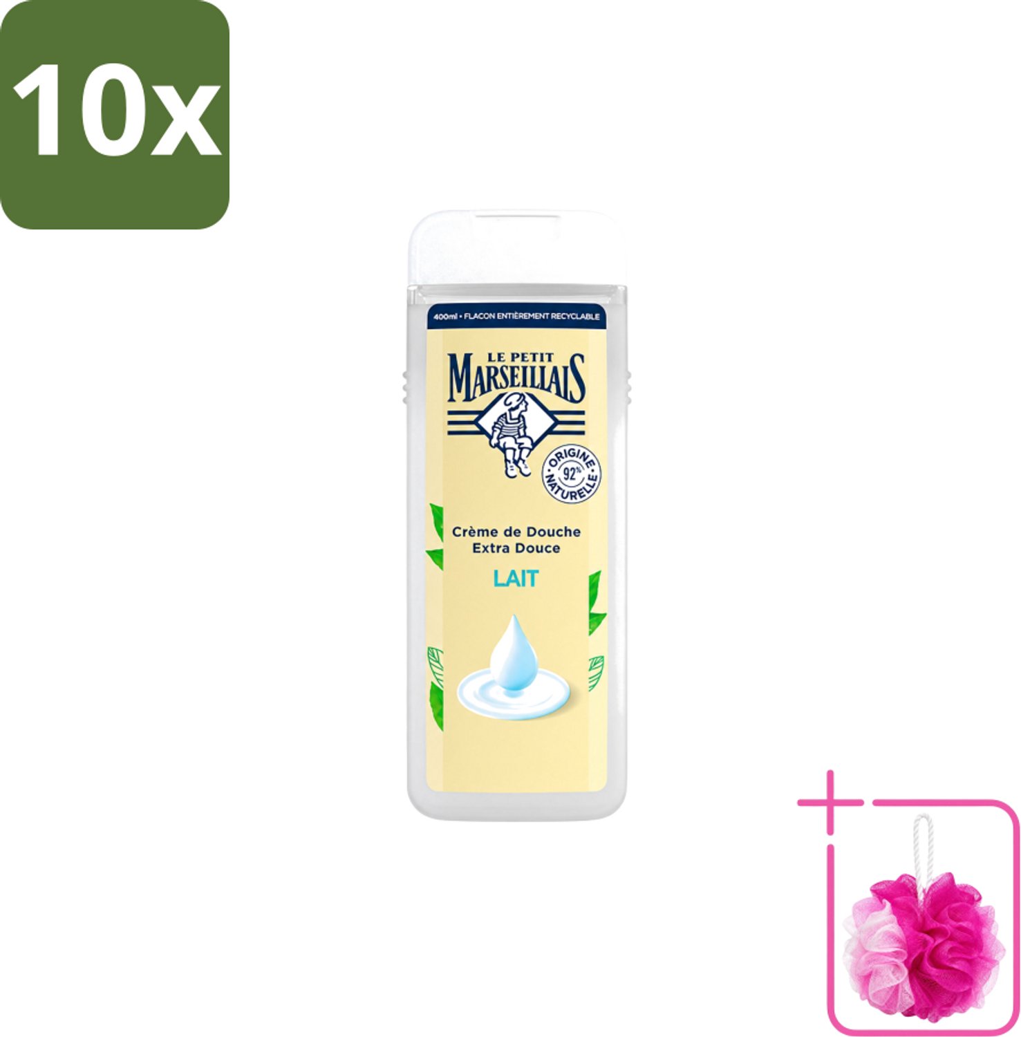 10 x Le Petit Marseillais – Douchecrème – Lait – 400 ml - Bulkverpakking - Douchecrème - Douchemop - Huid verzorging
