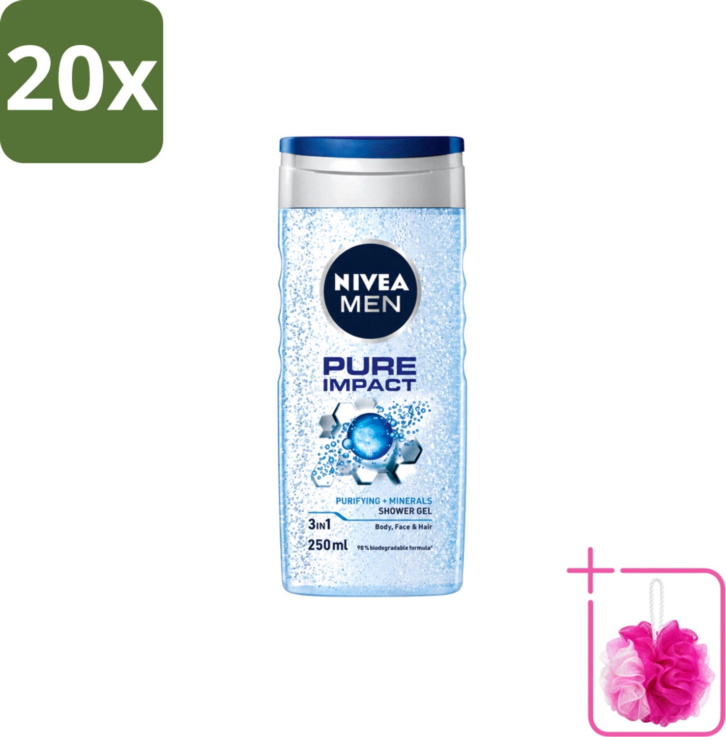 20 x Nivea Men – Douchegel – Pure Impact – 250 ml - Bulkverpakking - Douchegel - Douchemop - Reiniging