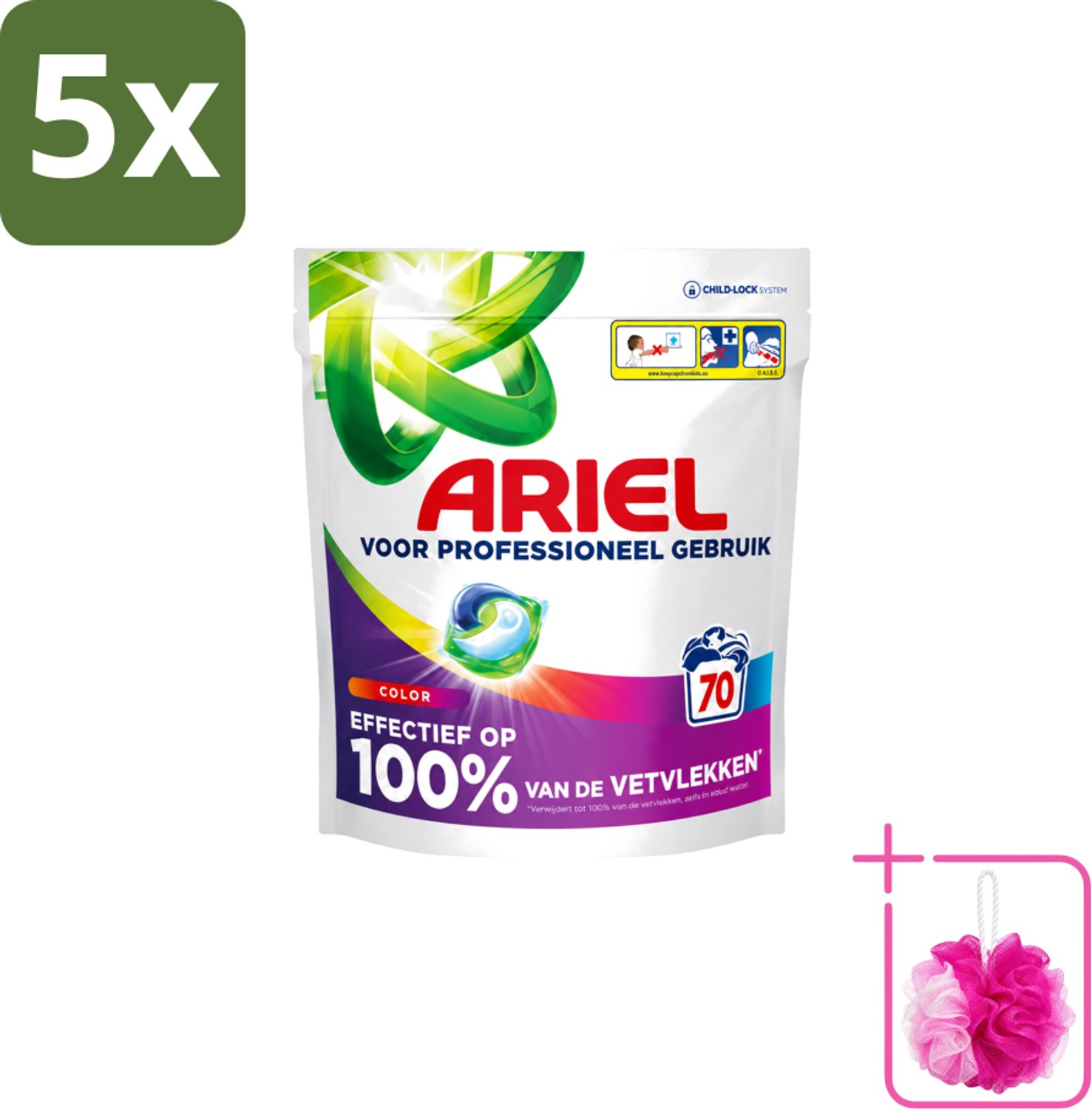 5 x Ariel – Wasmiddel Pods – All-in-1 Color – Kleurbehoud – 70 wasbeurten - Bulkverpakking - Kleurbescherming - Douchemop - Wasmiddel