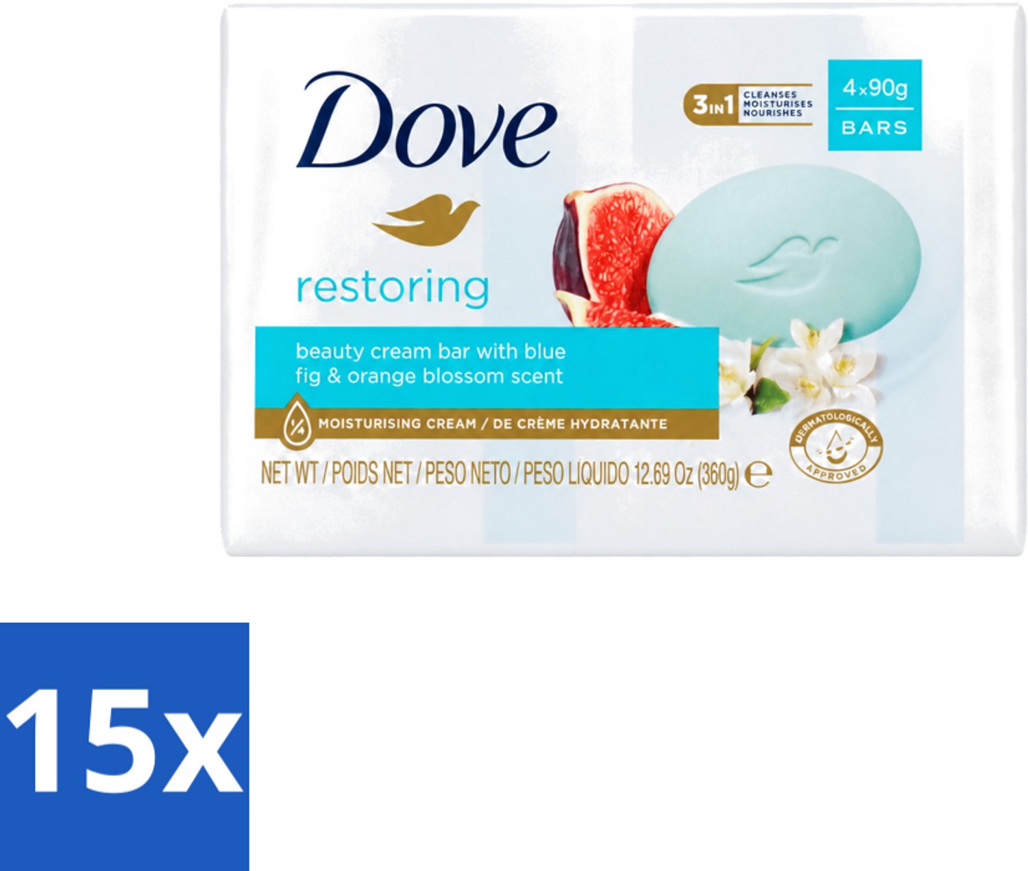 15 x Dove – Zeep – Go Fresh Restore – 4 x 90 g - Voordeelverpakking - 15 stuks