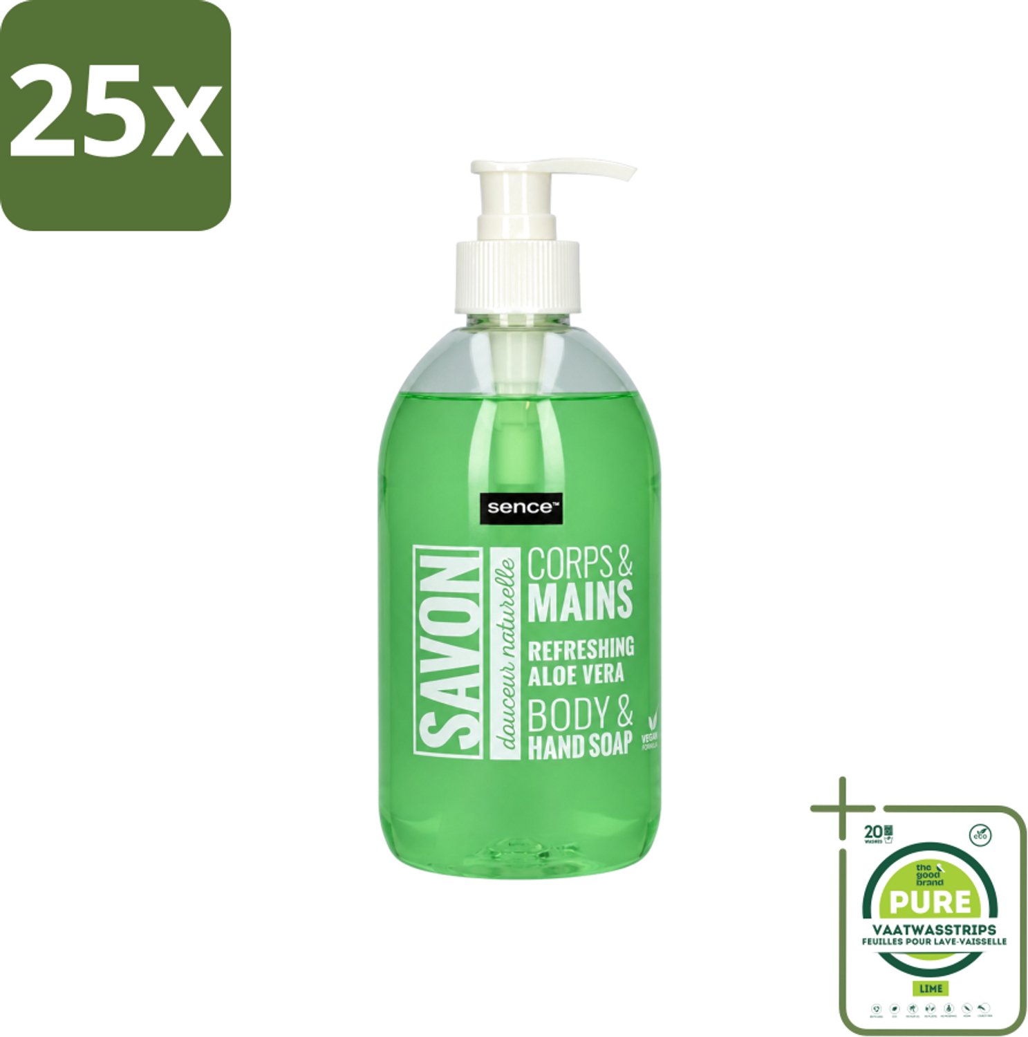 25 x Sence - Refreshing Aloe Vera - Handzeep - Savon - 500 ml - Grootverpakking - Vaatwasstrips - Aloe Vera Handzeep - Handverzorging - Frisse Handen - Hydraterende Handzeep - Mild Handzeep