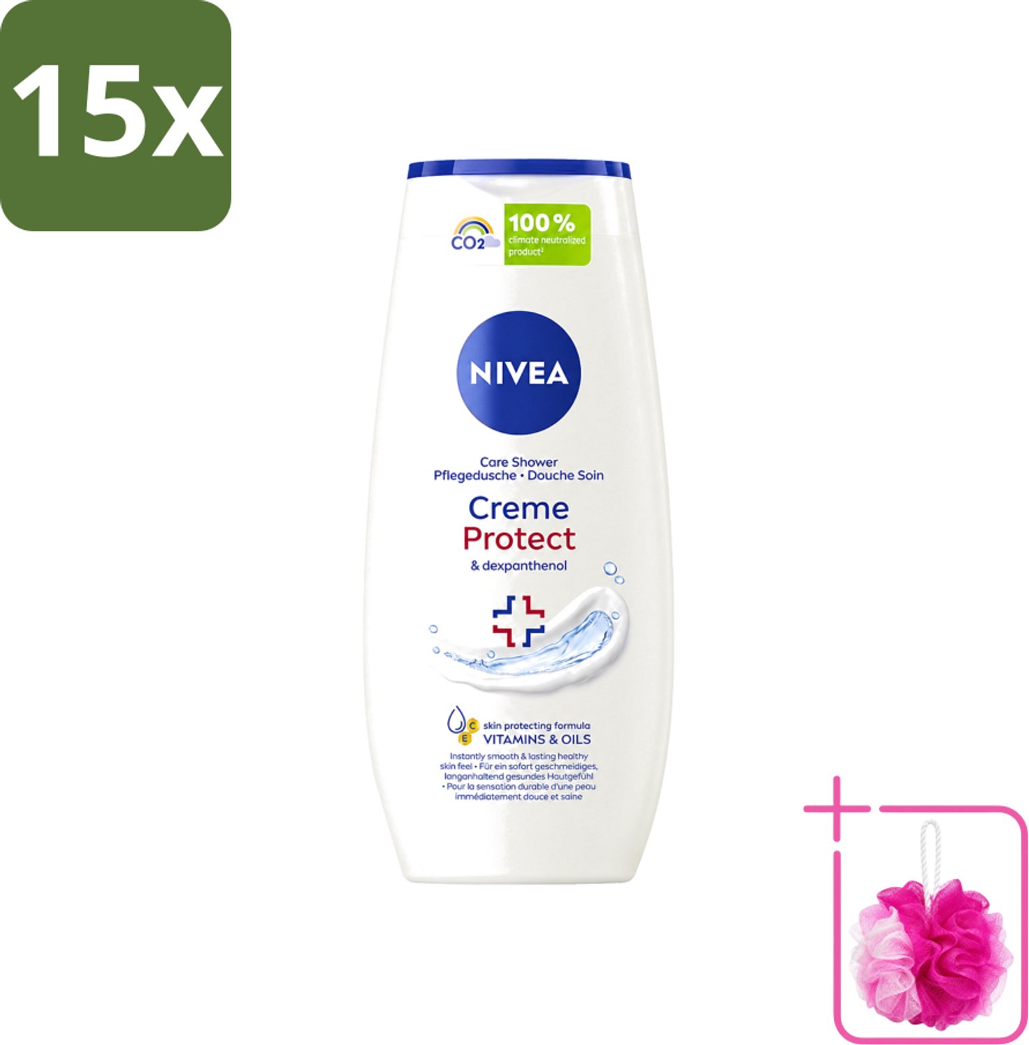 15 x Nivea - Douchegel - Crème Protect & Dexpantenol - Unieke Nivea Crème Geur - 250 ml - Bulkverpakking - Douchegel - Douchemop - Huidverzorging