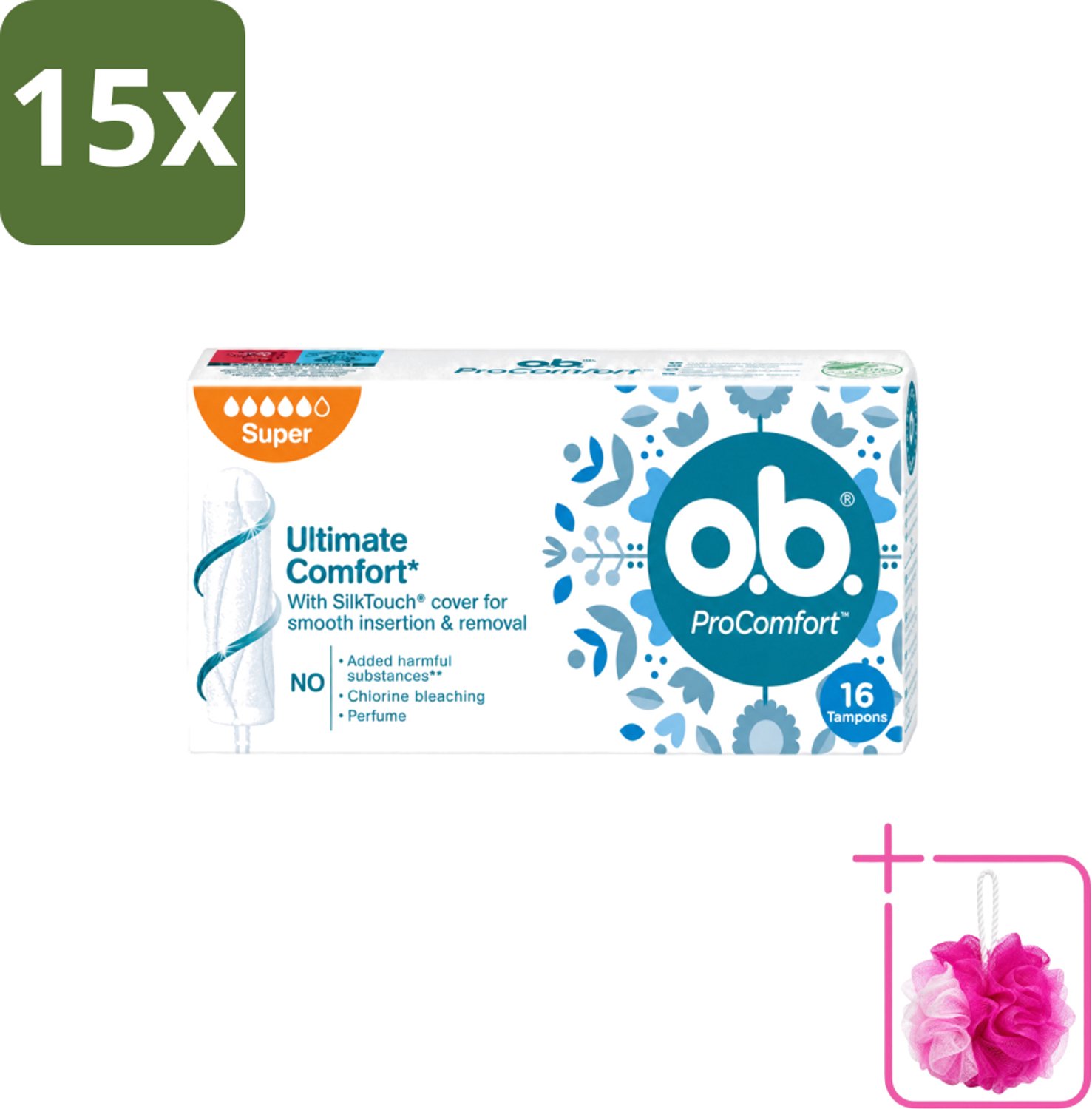 15 x o.b. Tampons - ProComfort Super - Voor Comfort en Zachte Bescherming - 16 Tampons - Bulkverpakking - Tampons - Douchemop - Menstruatiebescherming