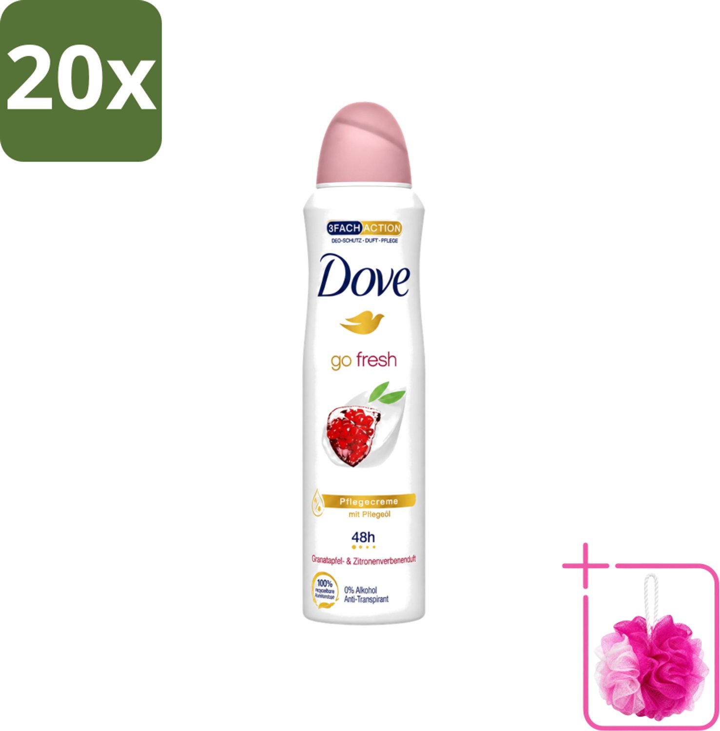 20 x Dove - Deodorant - Go Fresh Granaatappel - Frisse en fruitige geur - 150 ml - Bulkverpakking - Dove Go Fresh - Douchemop - Granaatappel