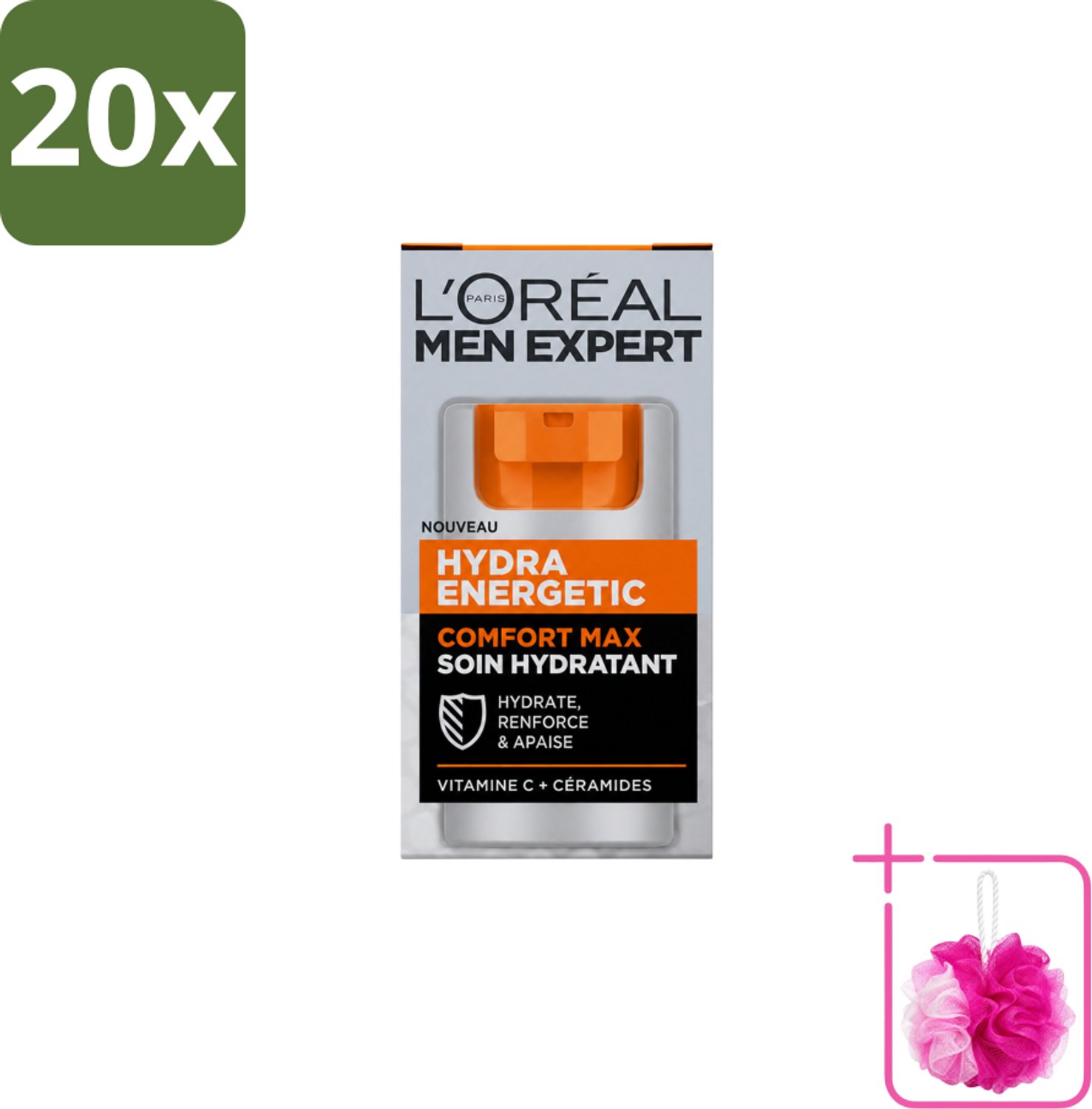 20 x L'Oréal Paris Men Expert Hydra Energetic Comfort Max - Dagcrème - Hydraterend voor Droge Huid - 50 ml - Bulkverpakking - Hydra crème - Douchemop - Droge huid