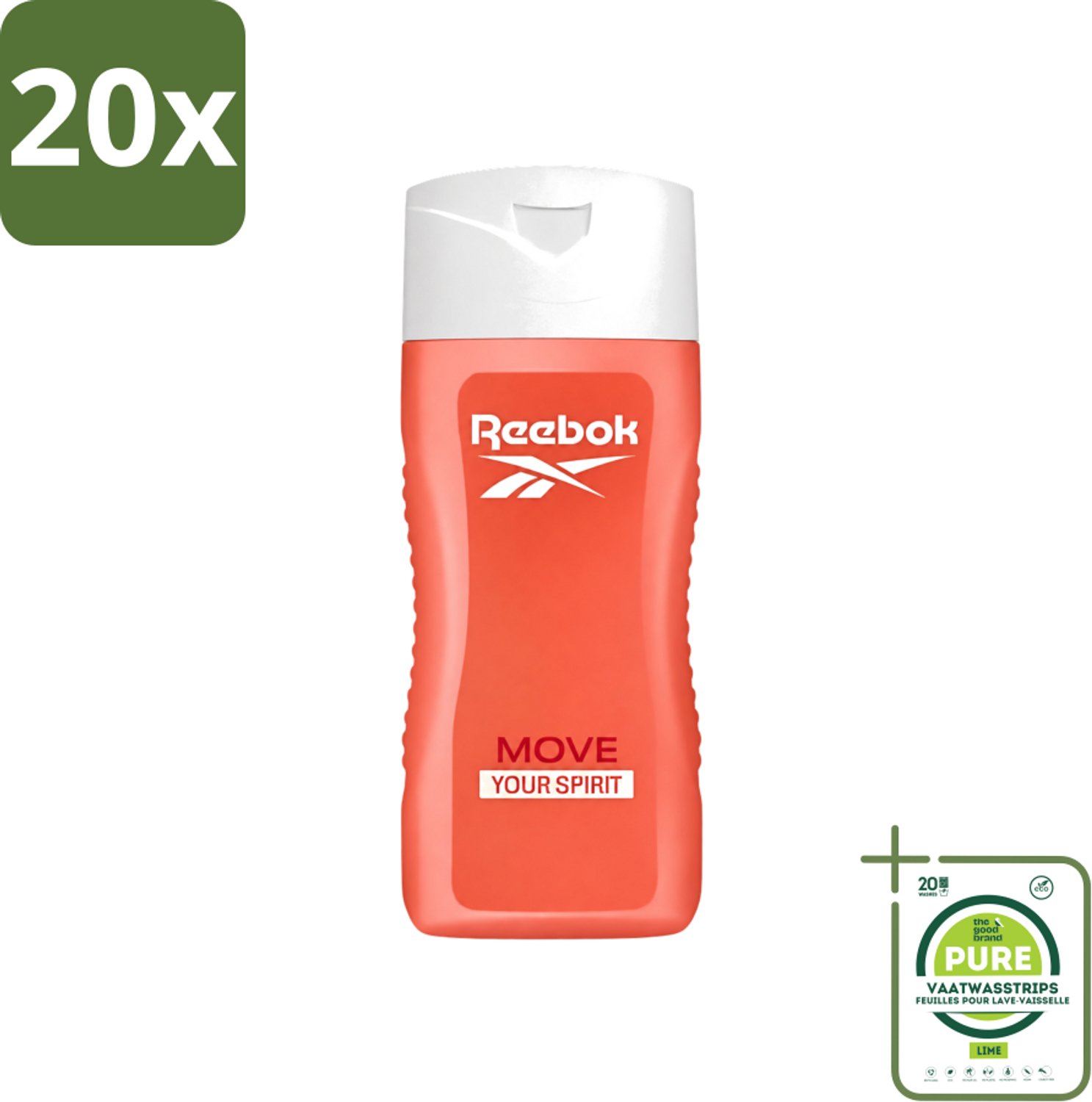 20 x Reebok - Move Your Spirit - Douchegel - 400 ml - Grootverpakking - Vaatwasstrips - Douchegel - Energie - Geest - Lichaam - Verfrissend