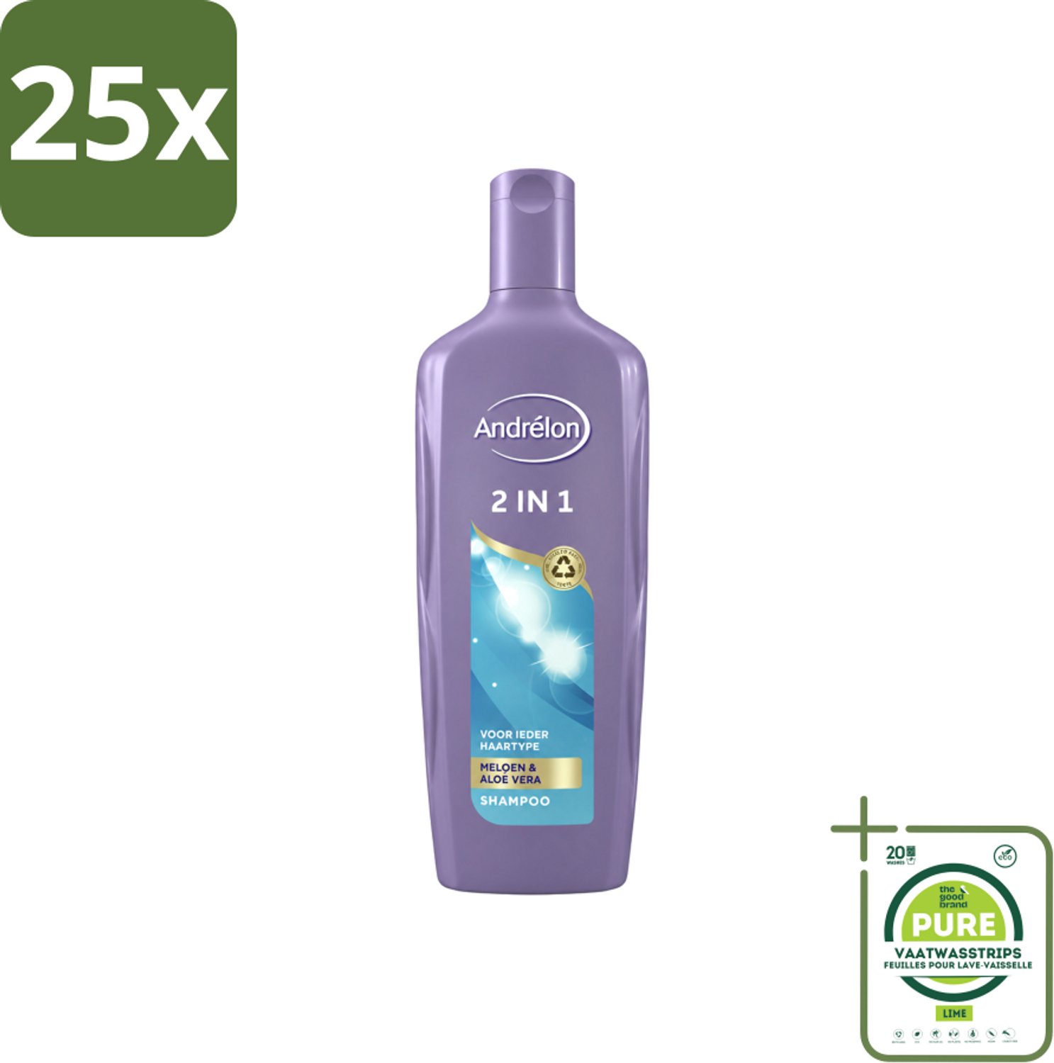 25 x Andrélon - 2-in-1 - Shampoo - Reinigt & Verzorgt - 300 ml - Grootverpakking - Vaatwasstrips - 2-in-1 Shampoo Conditioner - Haar Reinigen - Haar Verzorgen - Meloen Shampoo - Aloë Vera Shampoo