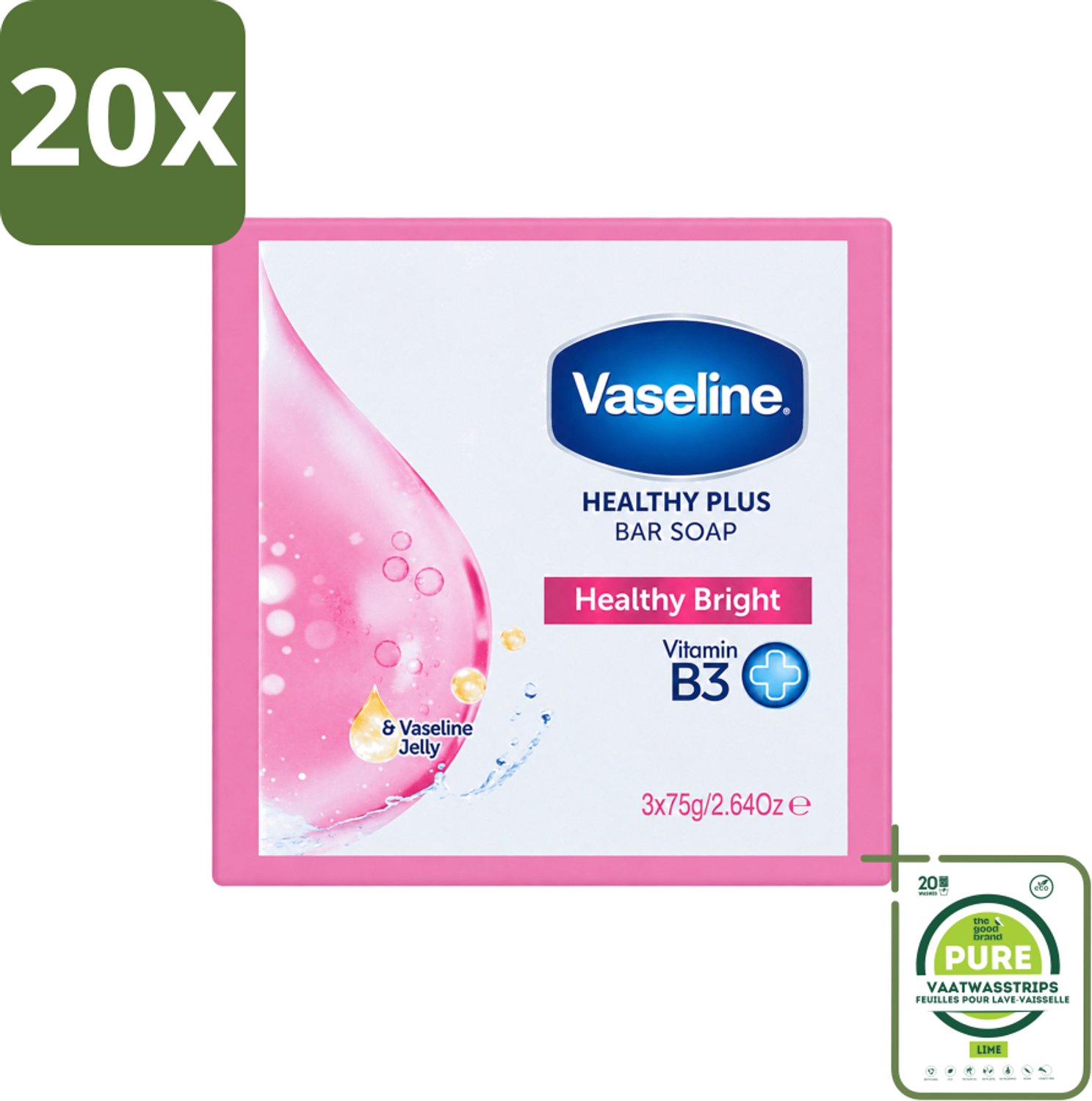 20 x Vaseline - Healthy Bright - Zeeptablet - Reinigend & Verzorgend - 3x75 ml - Grootverpakking - Vaatwasstrips - Zeep - Huidverzorging - Reiniging - Gezondheid - Handen