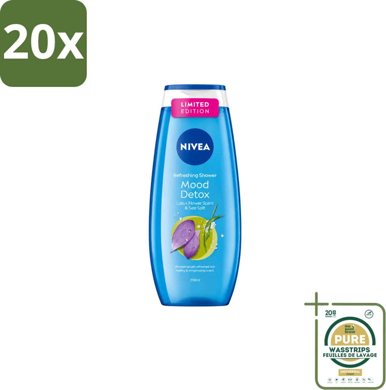 20 x Nivea – Douchegel – Creme Mood Detox – 250 ml - Wasstrips - Douchegel - Ontspanning - Zeezout - Huidverzorging - Mild Reinigen