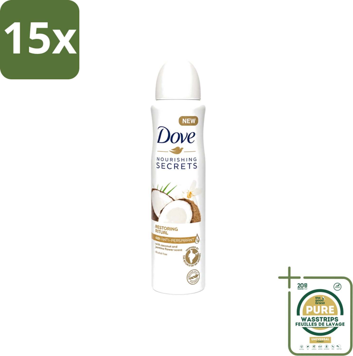 15 x Dove – Deodorant Spray – Restoring Ritual Cocos & Jasmijn – 150 ml - Wasstrips - Deodorant Spray - Kokos En Jasmijn - Alcoholvrije Deodorant - Huidverzorging - Okselverzorging